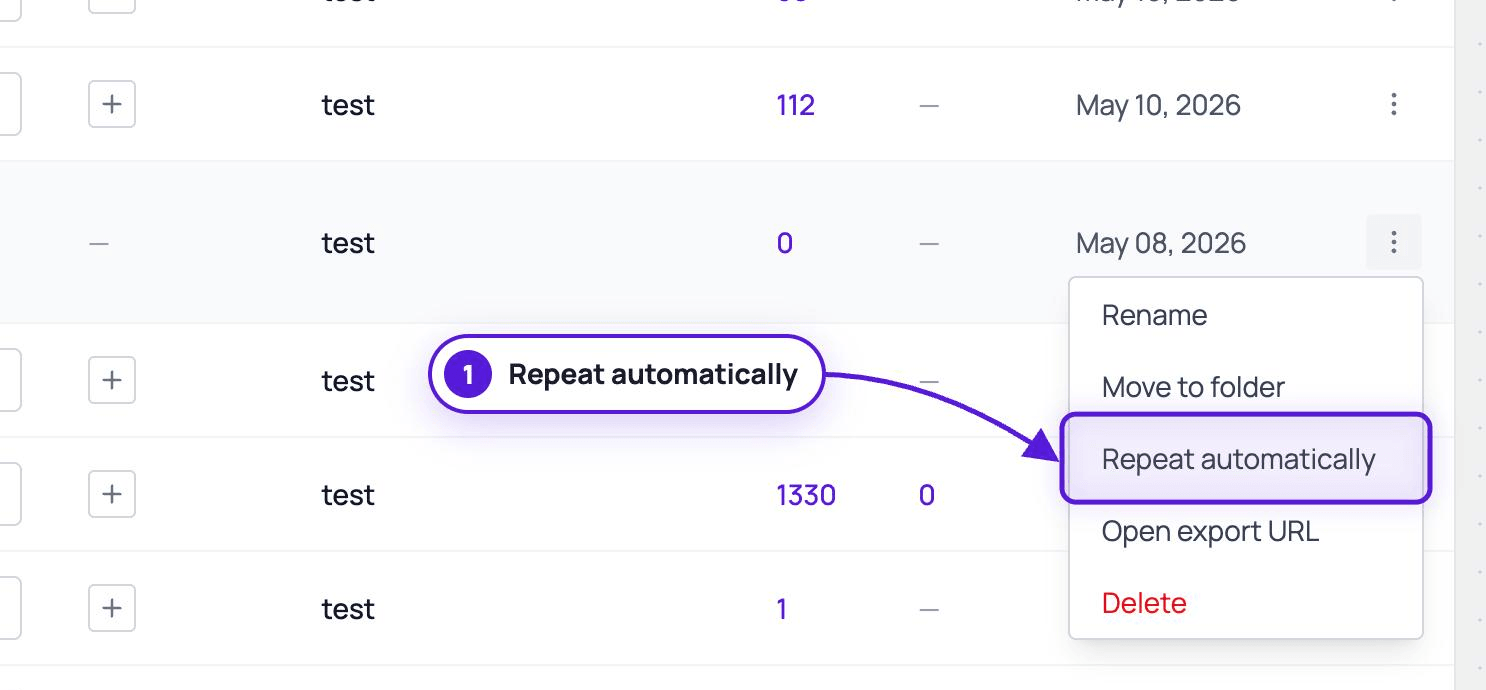 The actions menu of an export row open, with Repeat automatically highlighted