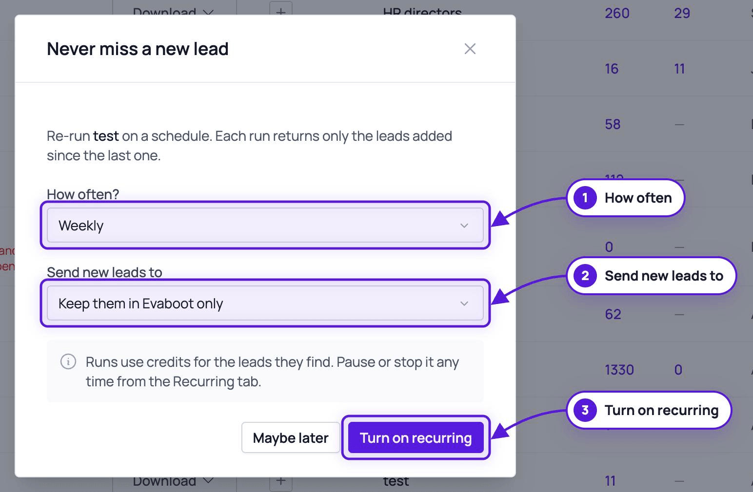 The Never miss a new lead dialog with How often, Send new leads to and the Turn on recurring button highlighted