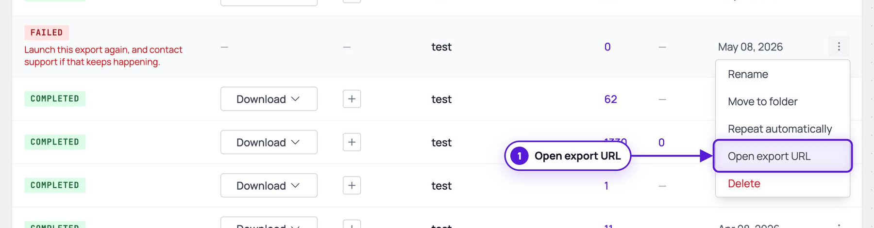 The actions menu of a failed export: Rename, Move to folder, Repeat automatically, Open export URL and Delete, with Open export URL highlighted