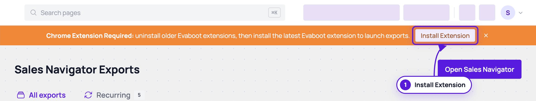 The Chrome Extension Required banner at the top of the dashboard, with the Install Extension button highlighted