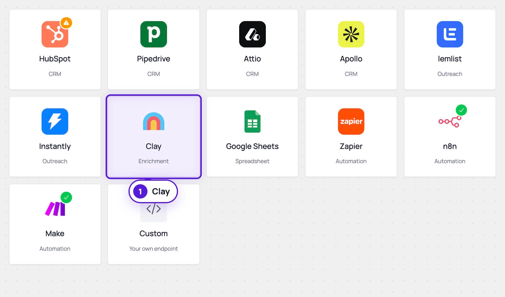 The New integration page with the Clay card highlighted