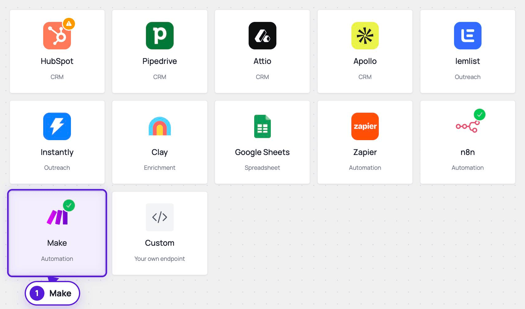 The New integration page with the Make card highlighted