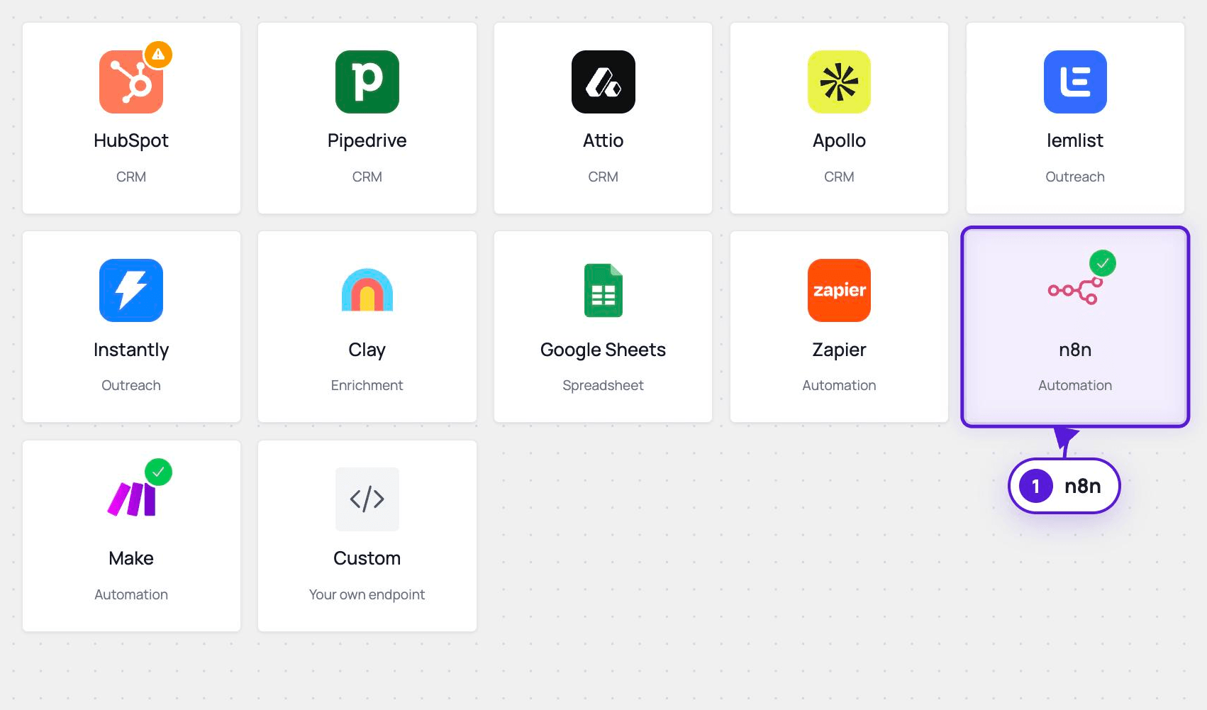 The New integration page with the n8n card highlighted