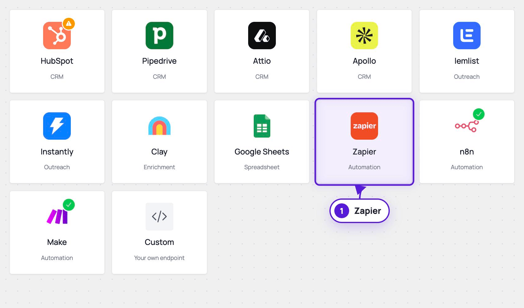 The New integration page with the Zapier card highlighted