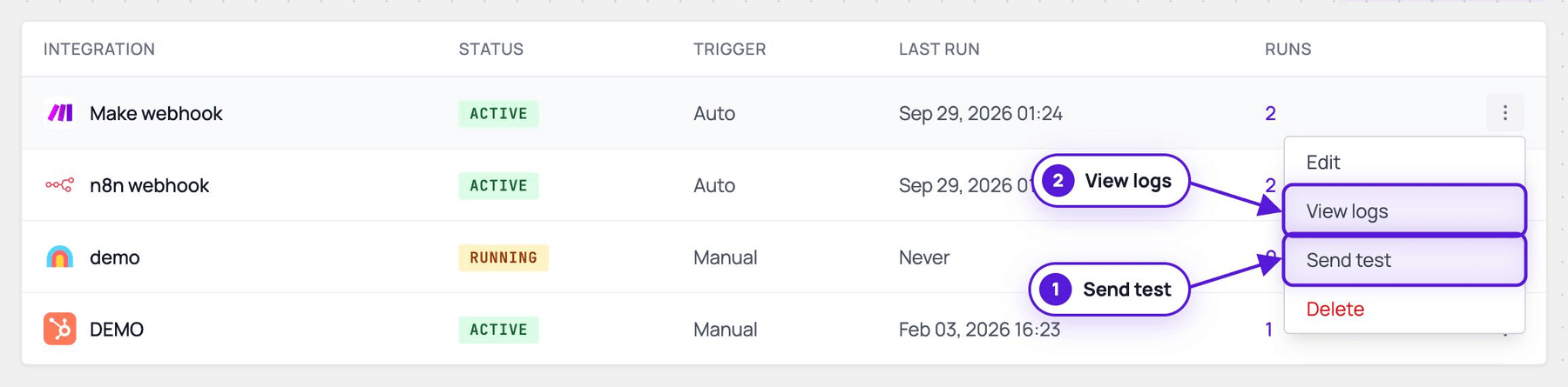 The actions menu of a webhook on the Integrations page, with Send test and View logs highlighted