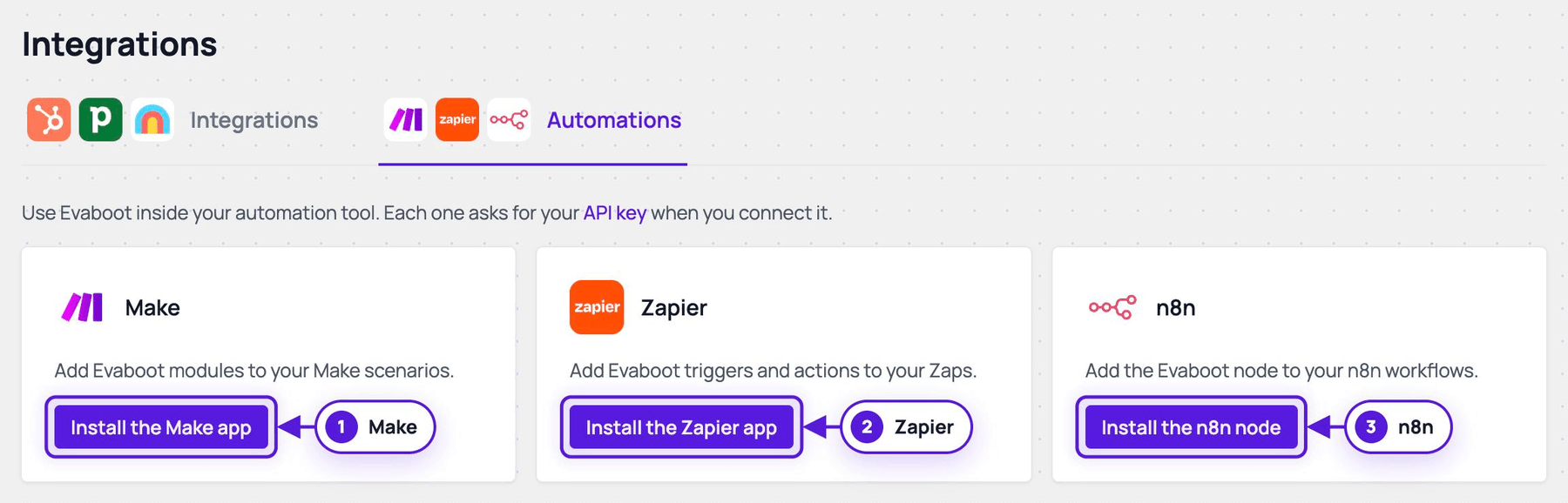 The Automations tab of the Integrations page with the Install the Make app, Install the Zapier app and Install the n8n node buttons