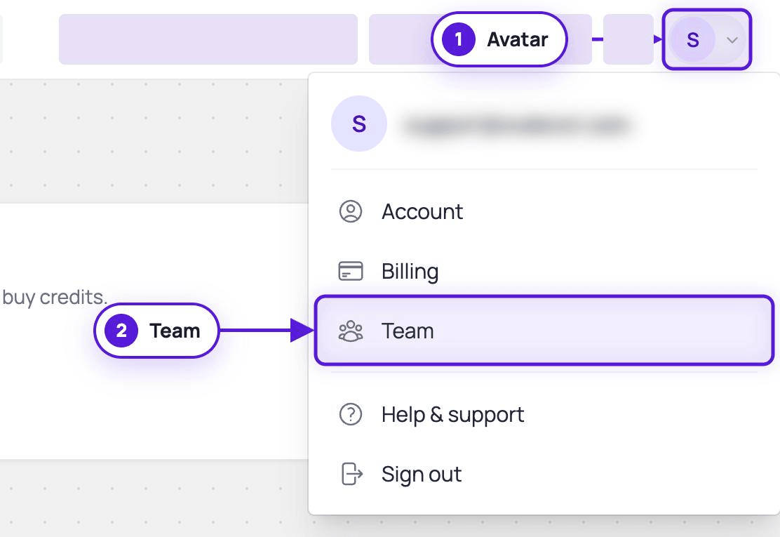 The account menu opened from the avatar in the top-right corner, with the avatar and Team highlighted