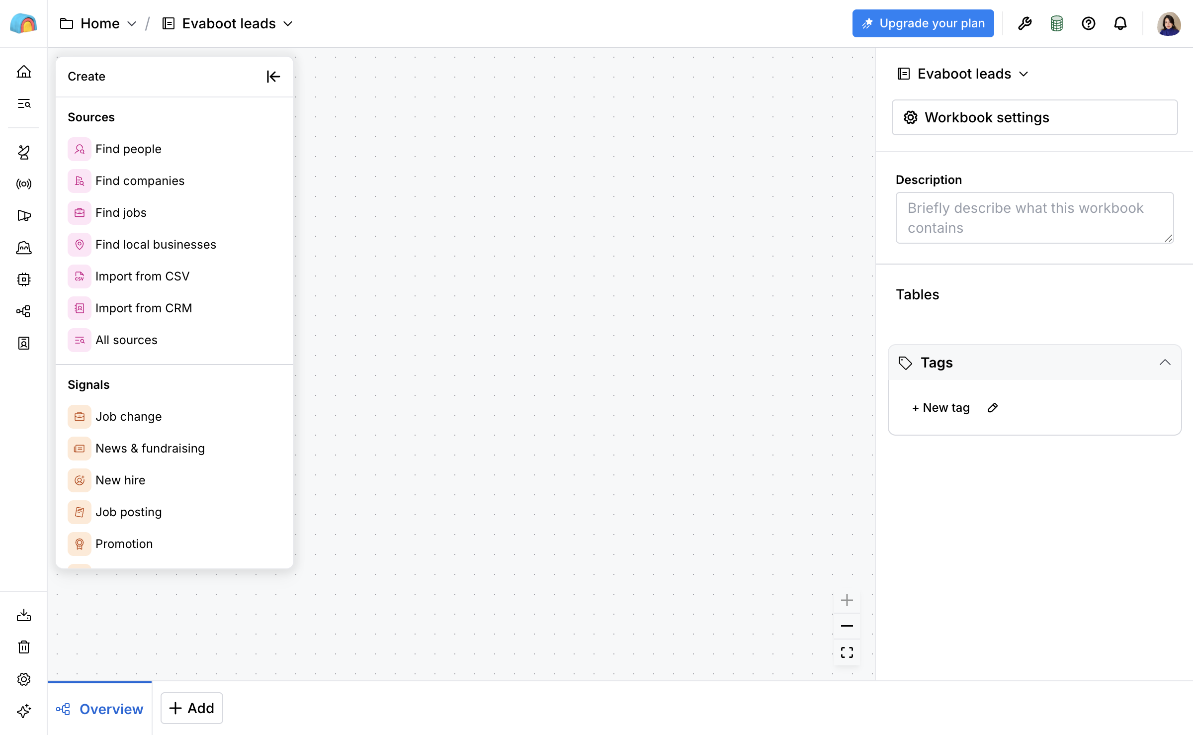 A new Clay workbook with the Create panel and the + Add button at the bottom