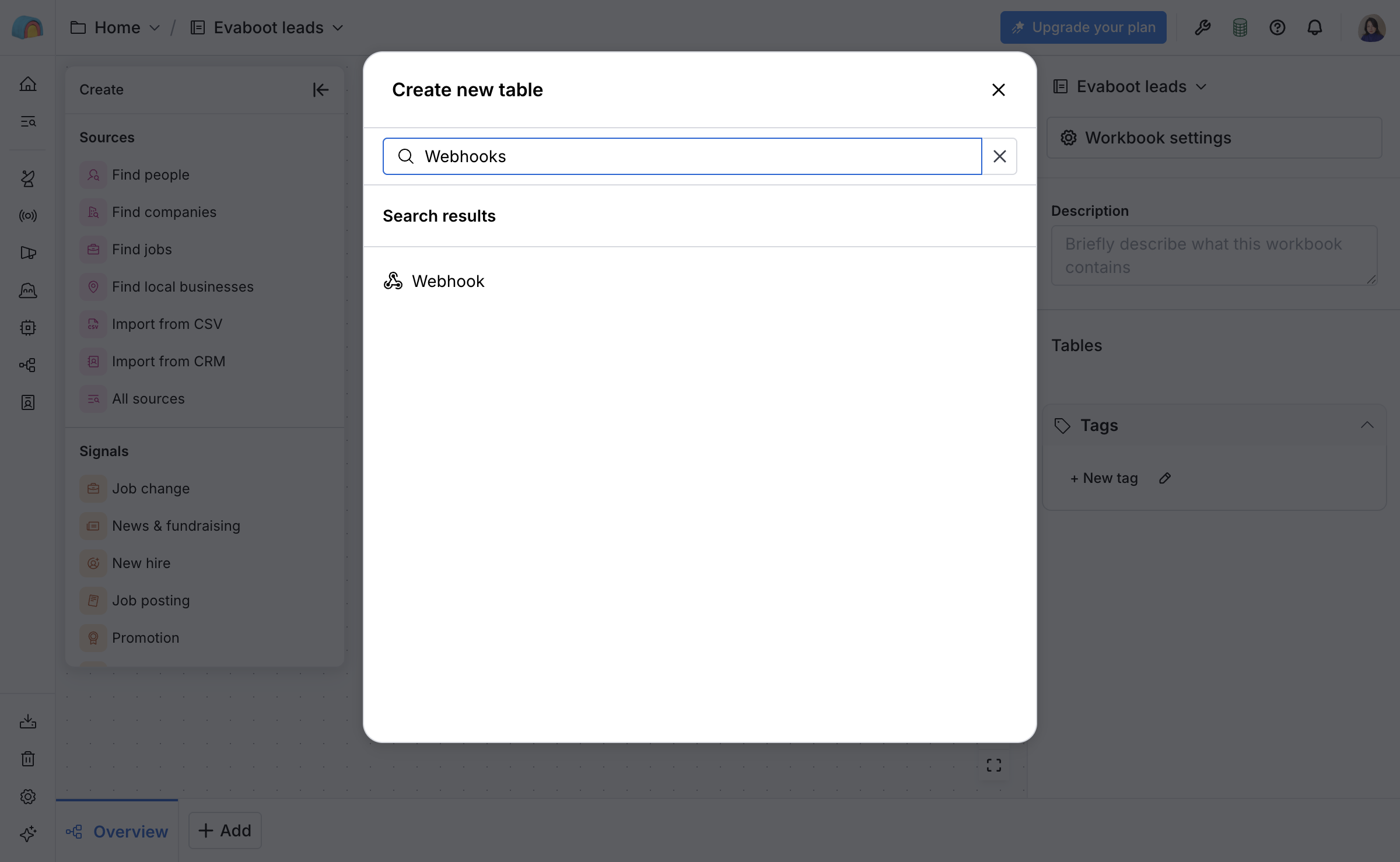 The Create new table dialog with Webhook as the search result