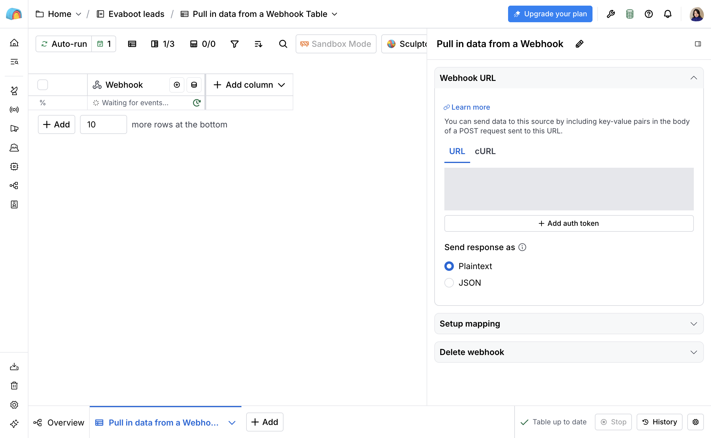 The webhook panel with the URL field and Copy button