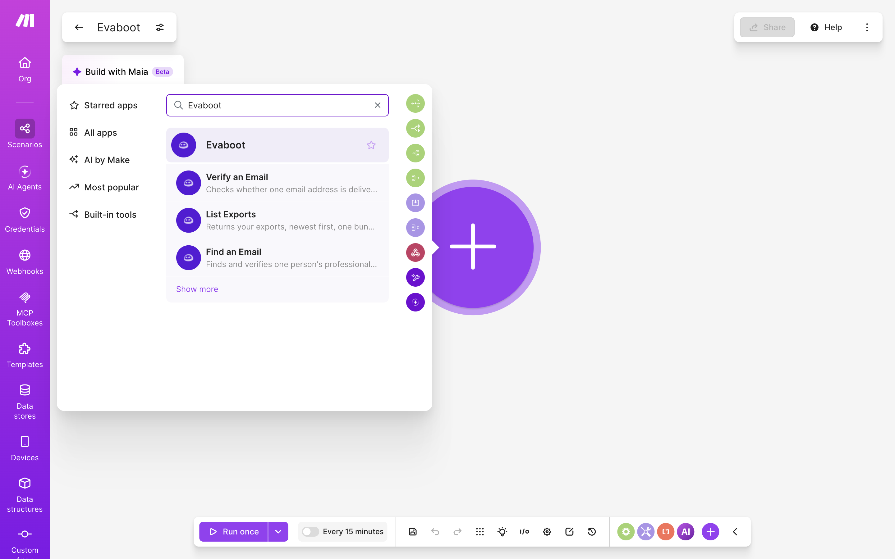 Make's module search showing the Evaboot app with Verify an Email, List Exports, and Find an Email