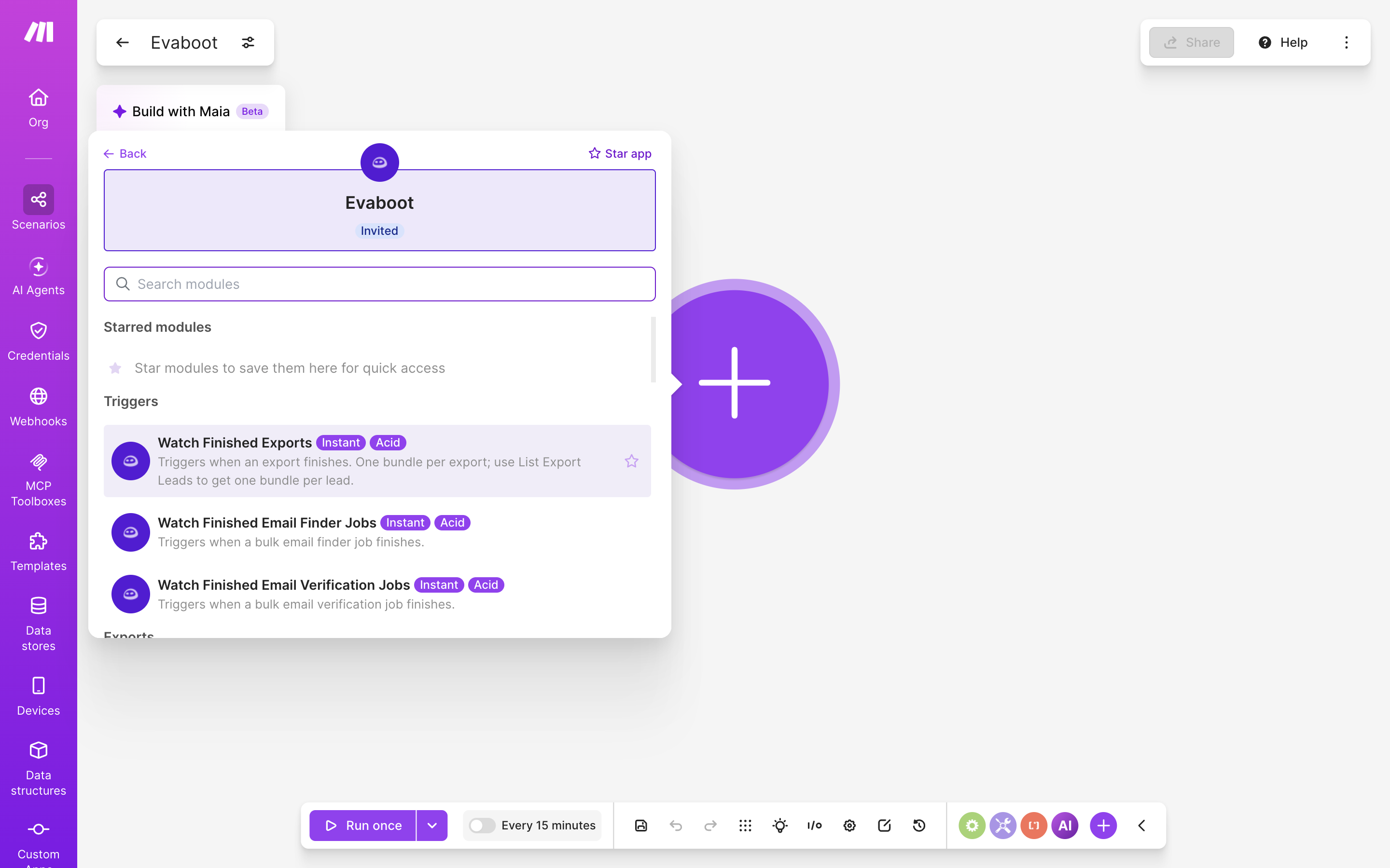 The Evaboot app in Make marked Invited, with its triggers listed