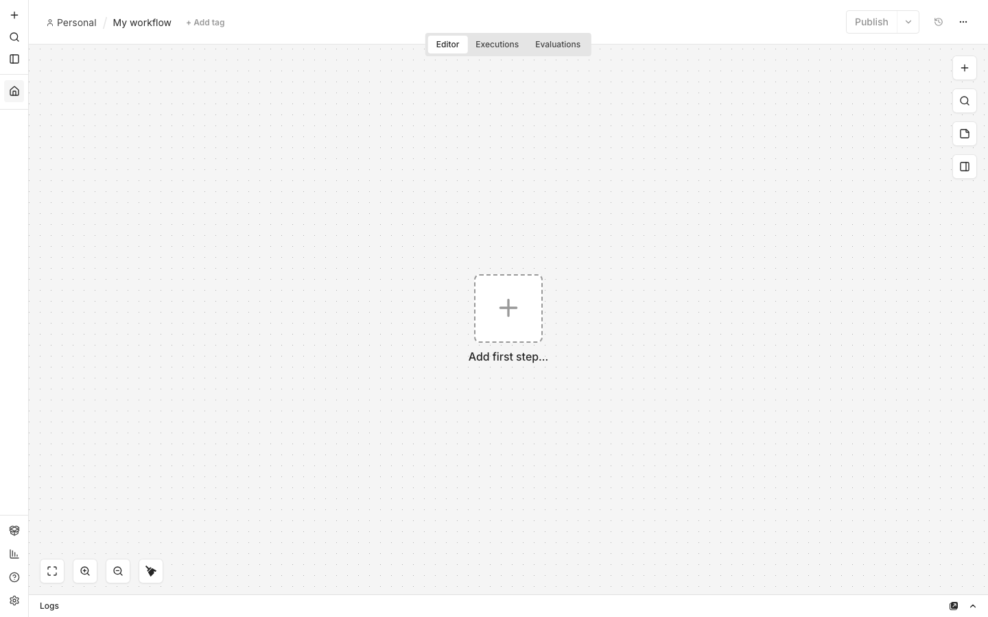 An empty n8n workflow with the Add first step placeholder