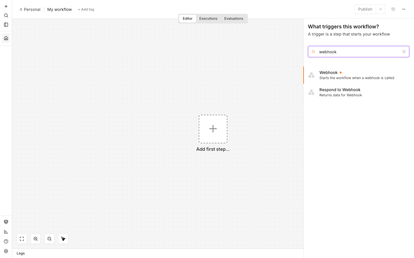 The n8n trigger panel filtered to the Webhook trigger