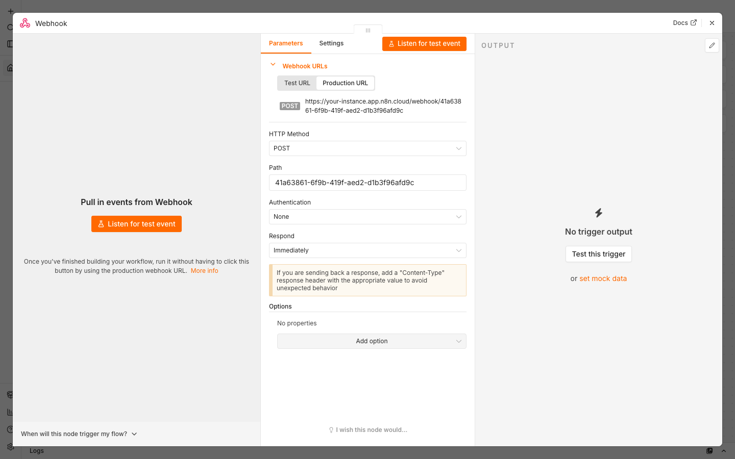 The Webhook node with HTTP method POST and the Production URL tab selected