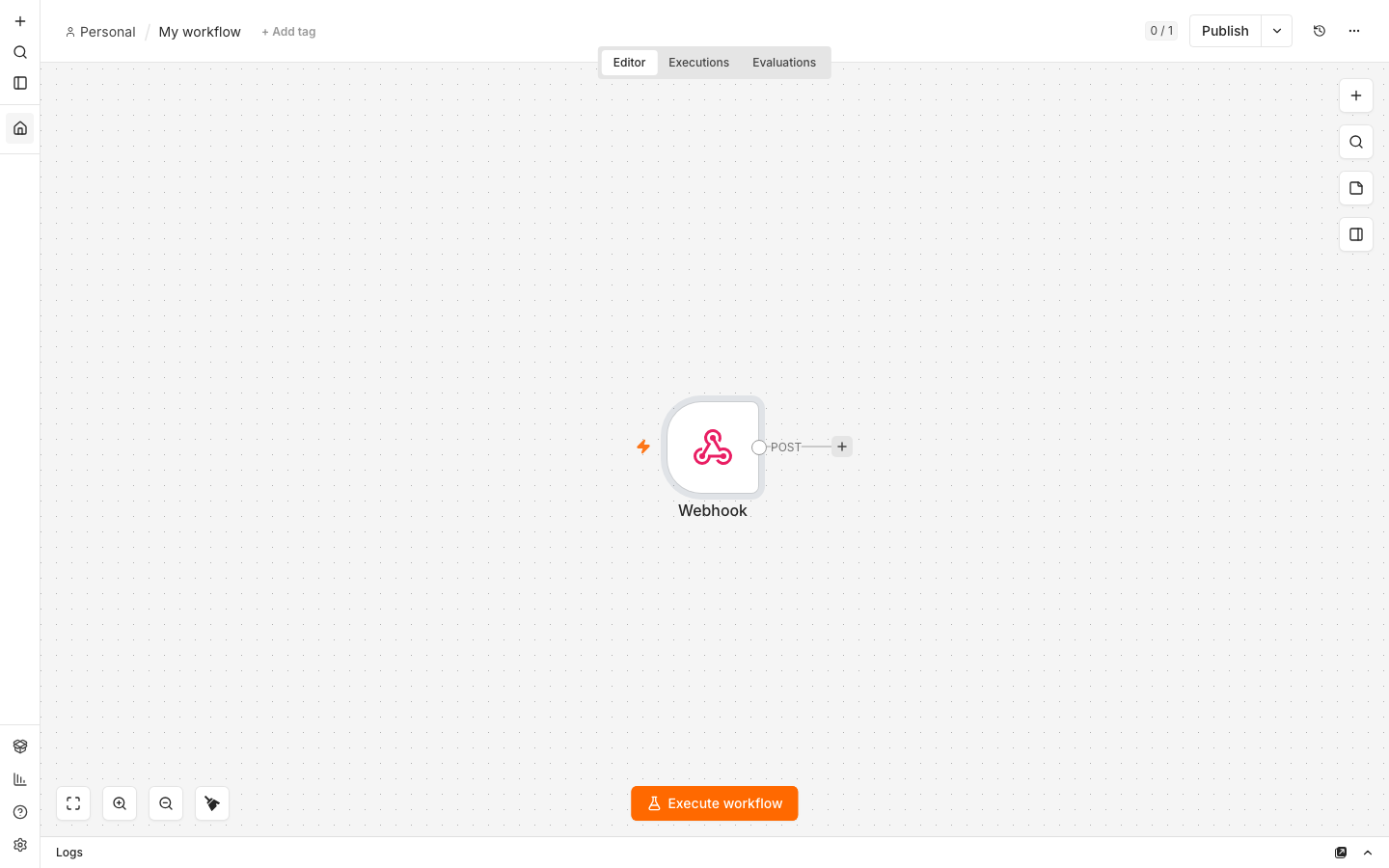 The n8n canvas with the Webhook node and the Publish button