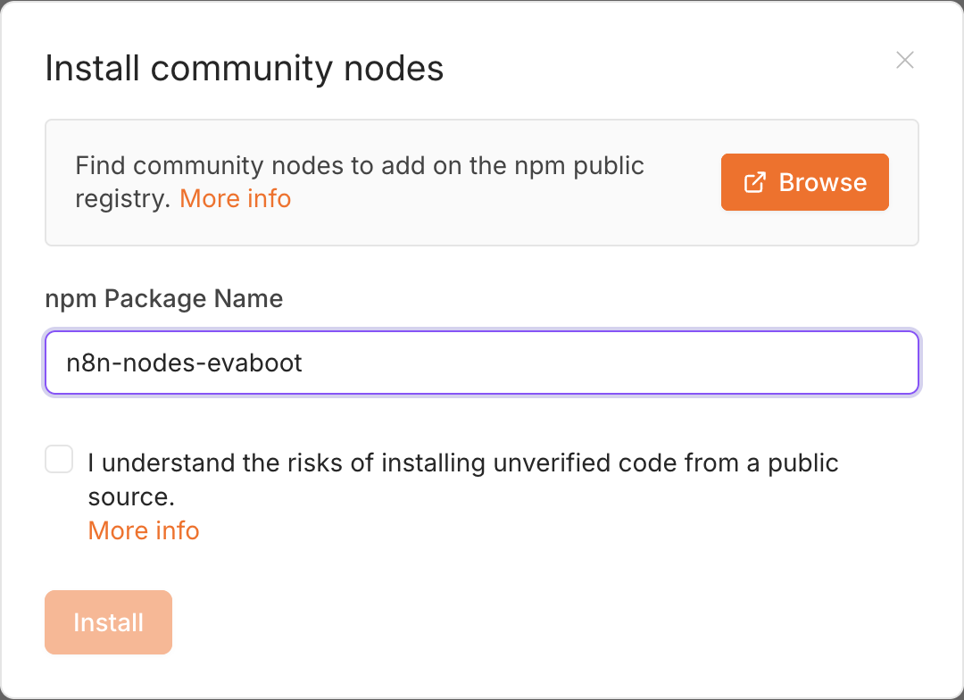 The n8n Install community nodes dialog with n8n-nodes-evaboot entered