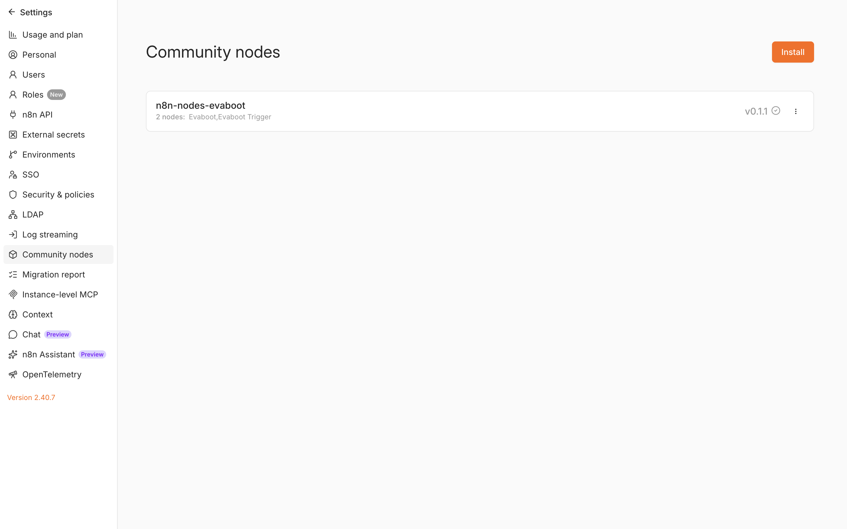 The n8n Community nodes page listing n8n-nodes-evaboot with its Evaboot and Evaboot Trigger nodes
