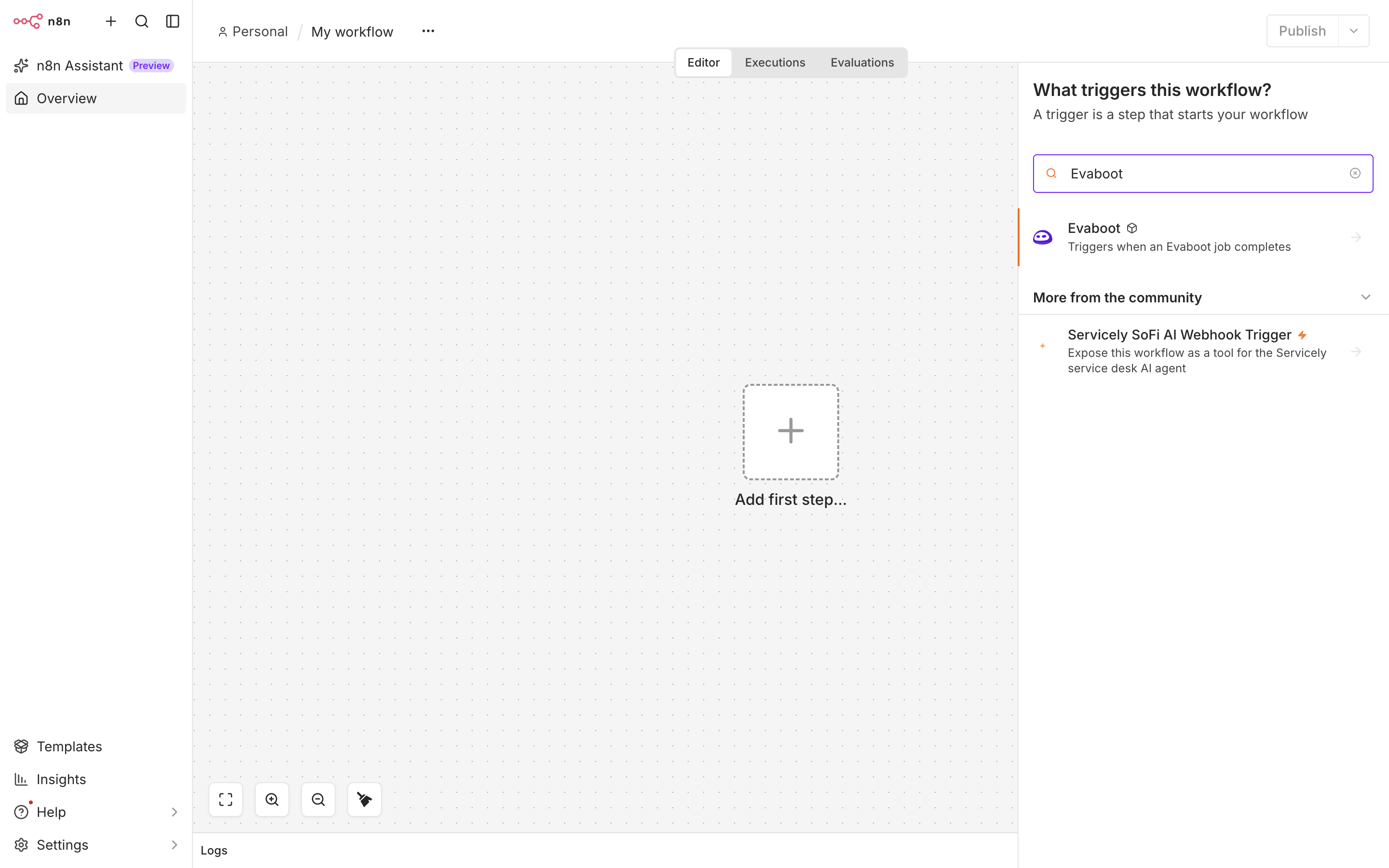The n8n node search showing the Evaboot node