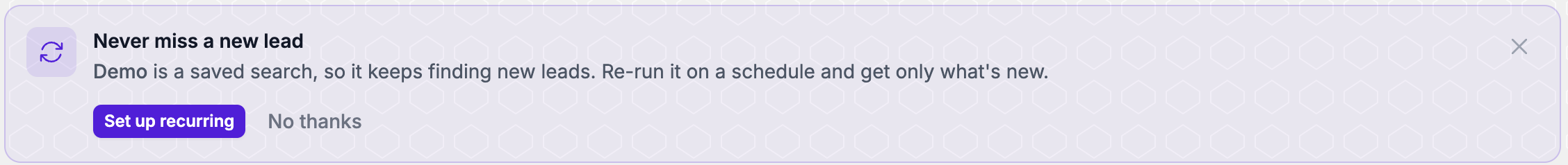 Never miss a new lead banner on the exports page, offering Set up recurring on a saved-search export