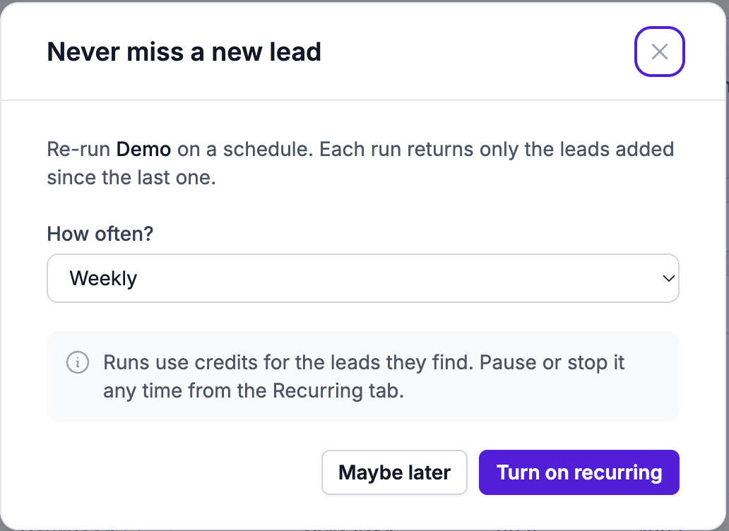 Never miss a new lead dialog with a frequency dropdown and the Turn on recurring button