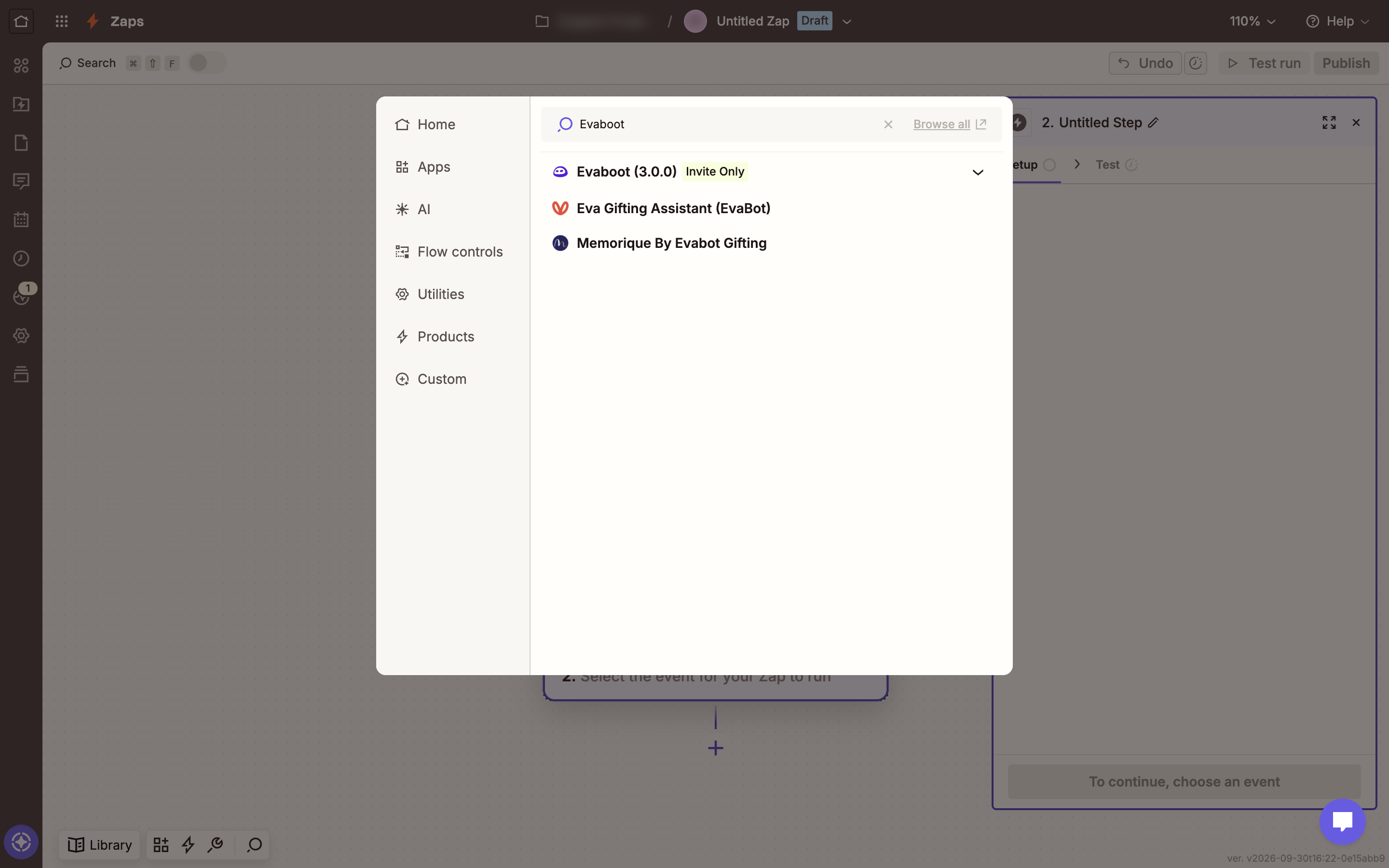 Zapier's app search showing Evaboot marked Invite Only