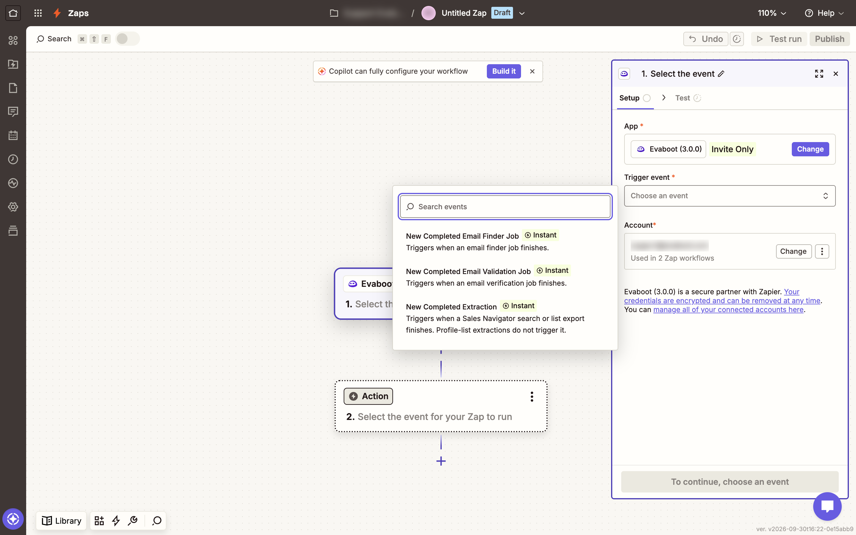 The Evaboot trigger events in Zapier: New Completed Email Finder Job, New Completed Email Validation Job, and New Completed Extraction