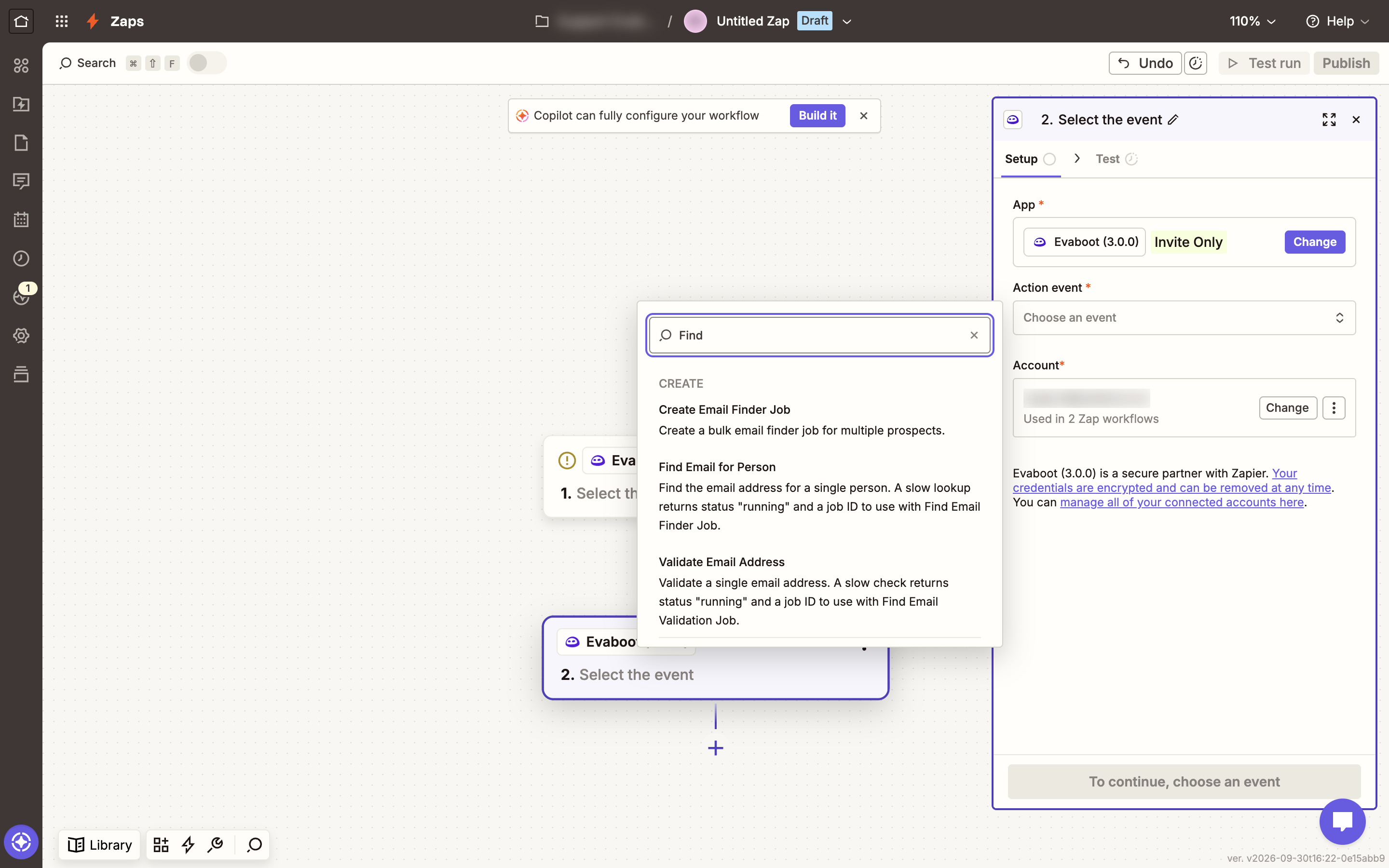 Evaboot action events in Zapier, filtered by Find