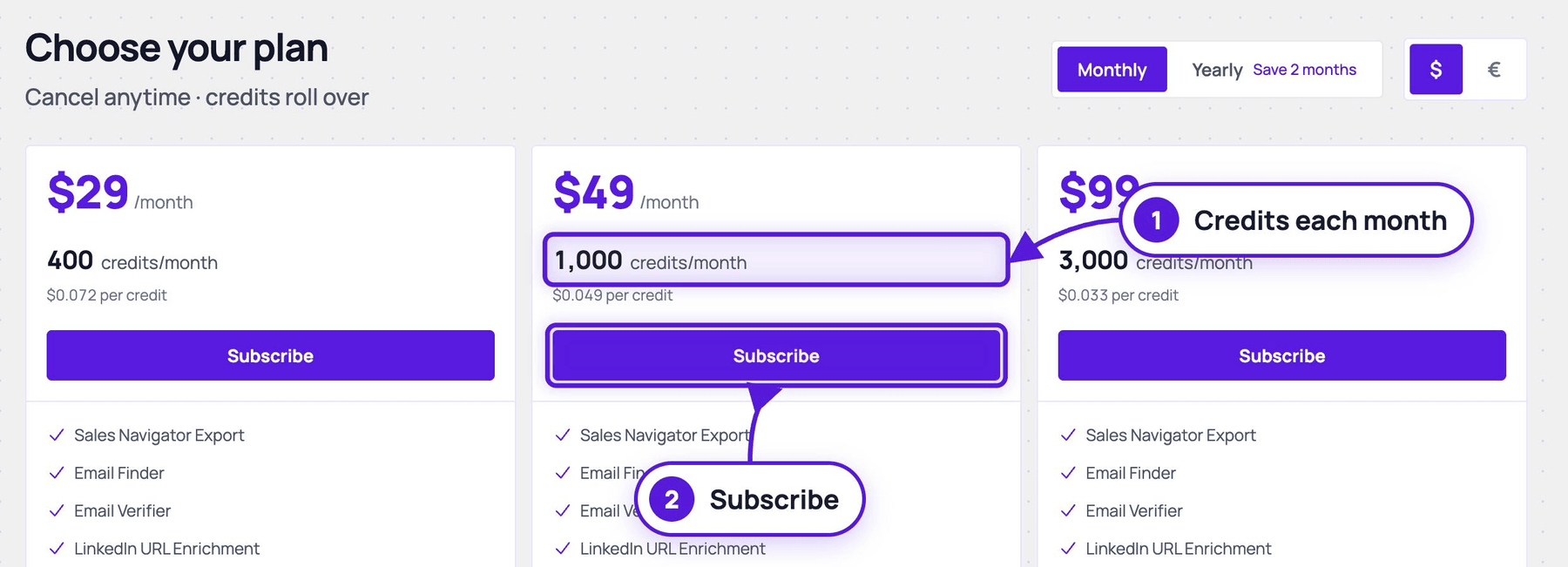 The Pricing page with the monthly credits of a plan and its Subscribe button highlighted