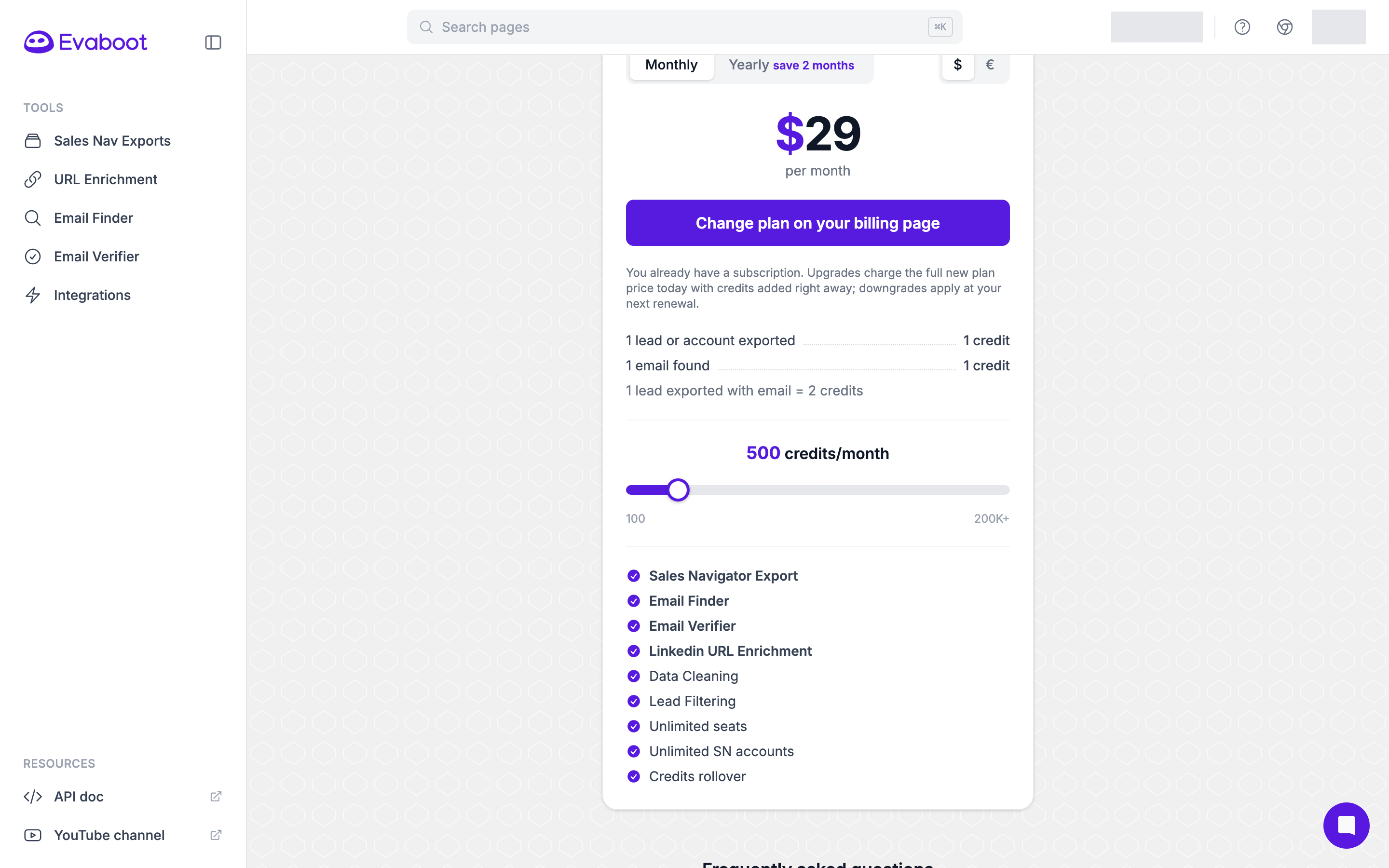 The Evaboot pricing page on monthly billing, with the credit slider, the price per month, and the credit cost of a lead and of an email