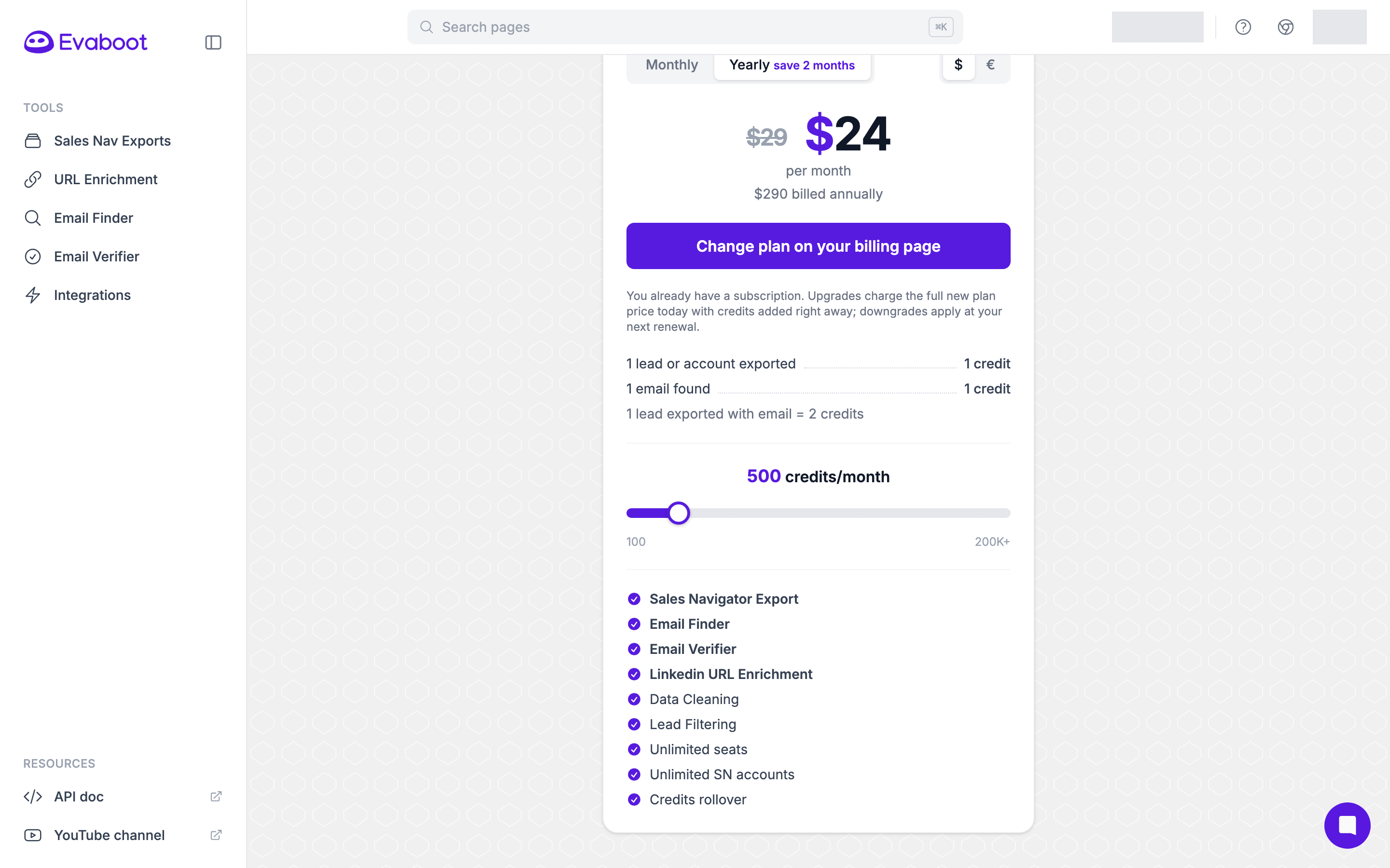 The same pricing page on yearly billing, showing the discounted monthly price and the amount billed annually
