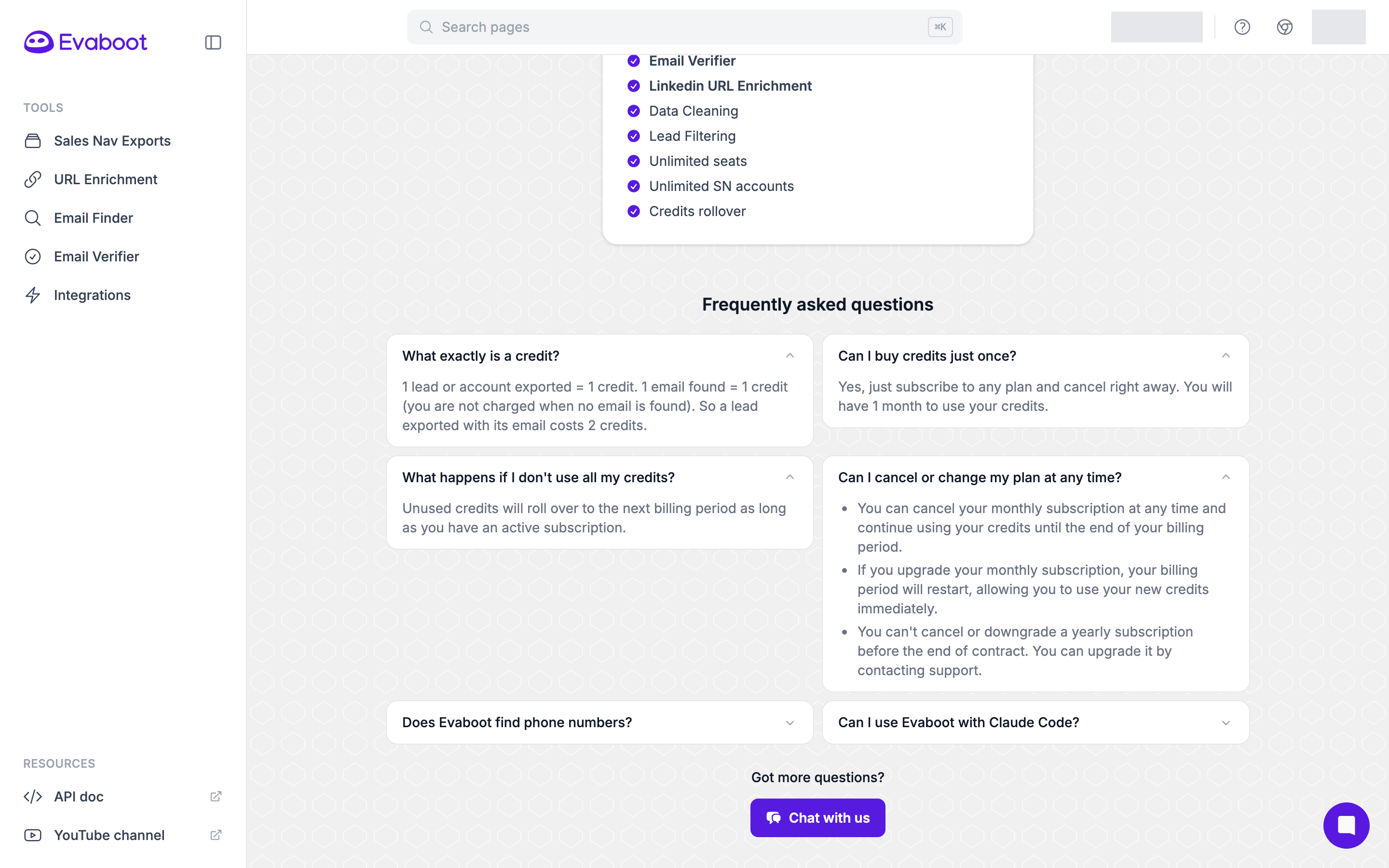 The pricing page FAQ stating the credit formula and that unused credits roll over while the subscription is active