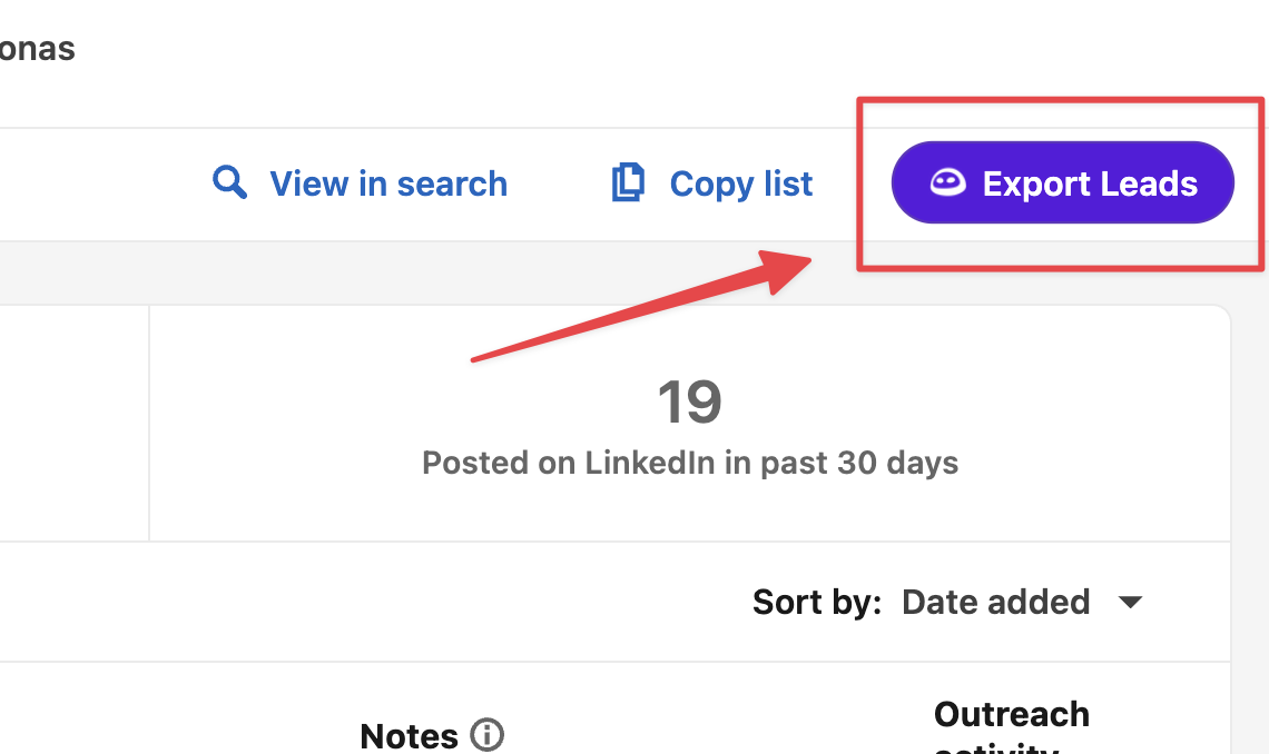 Export Leads button on a Sales Navigator list