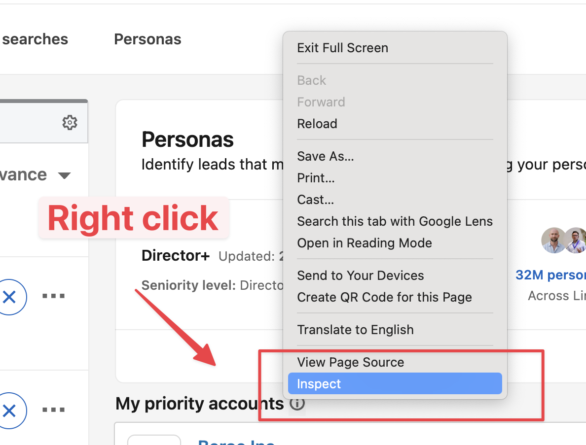 Right-click the LinkedIn page and choose Inspect