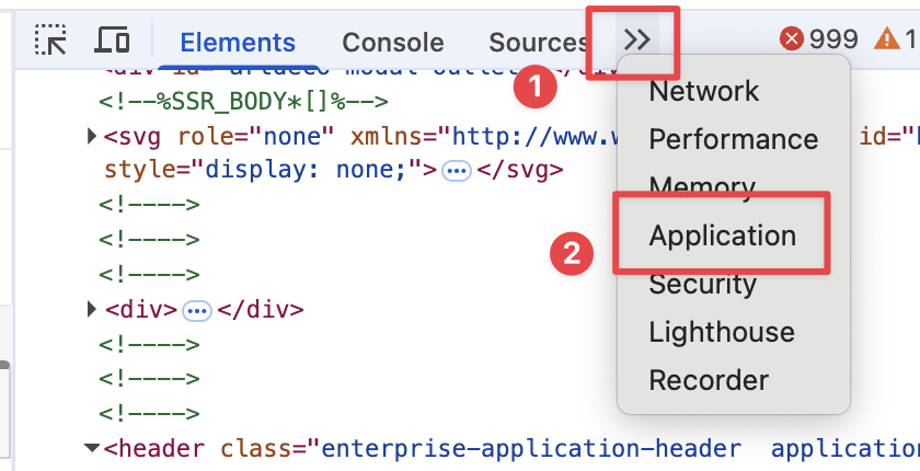 Open the Application tab from the DevTools overflow menu