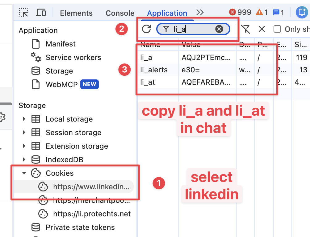 Copy li_a and li_at from the linkedin.com cookies