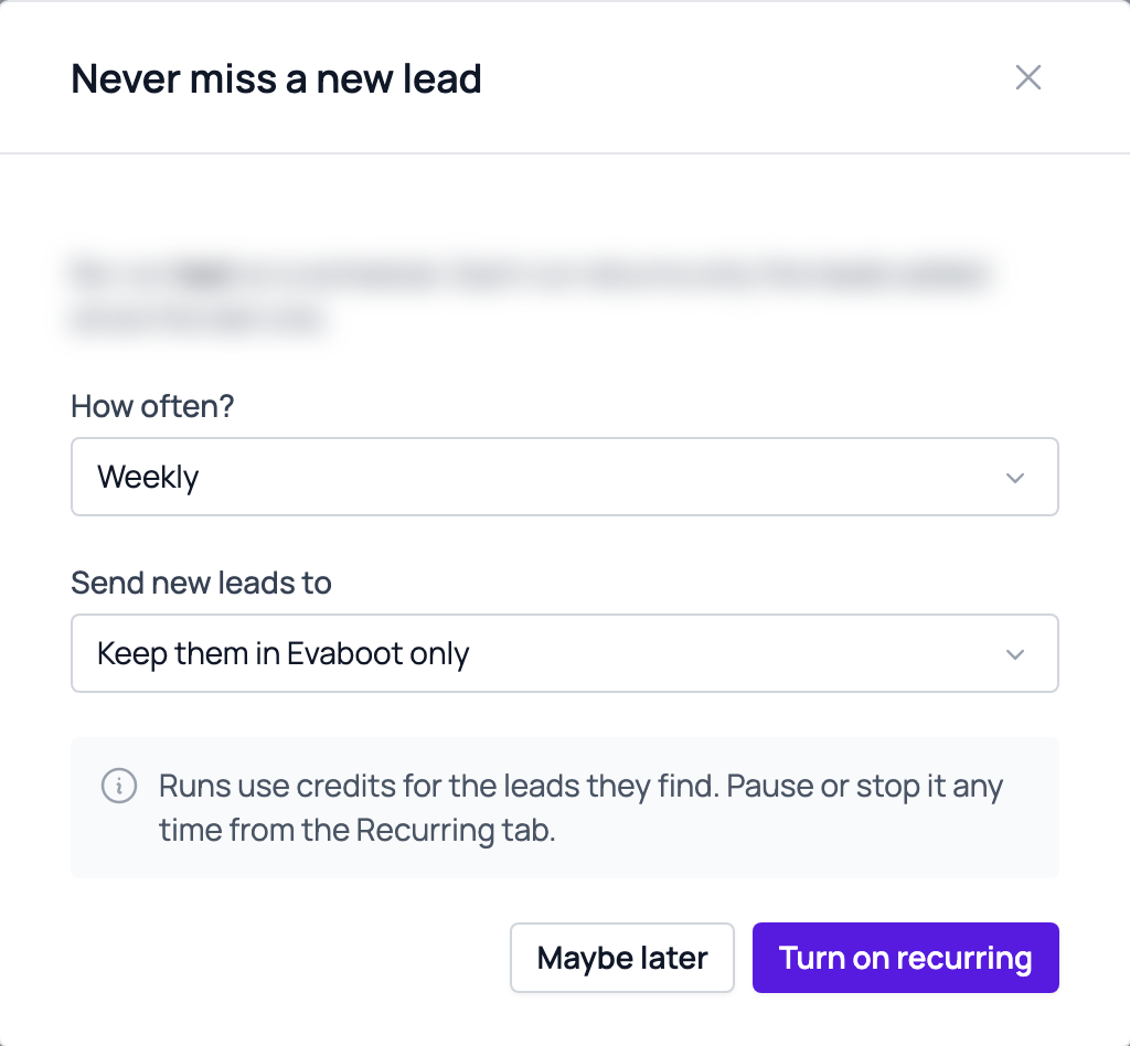 The Never miss a new lead dialog with How often, Send new leads to, and the Turn on recurring button