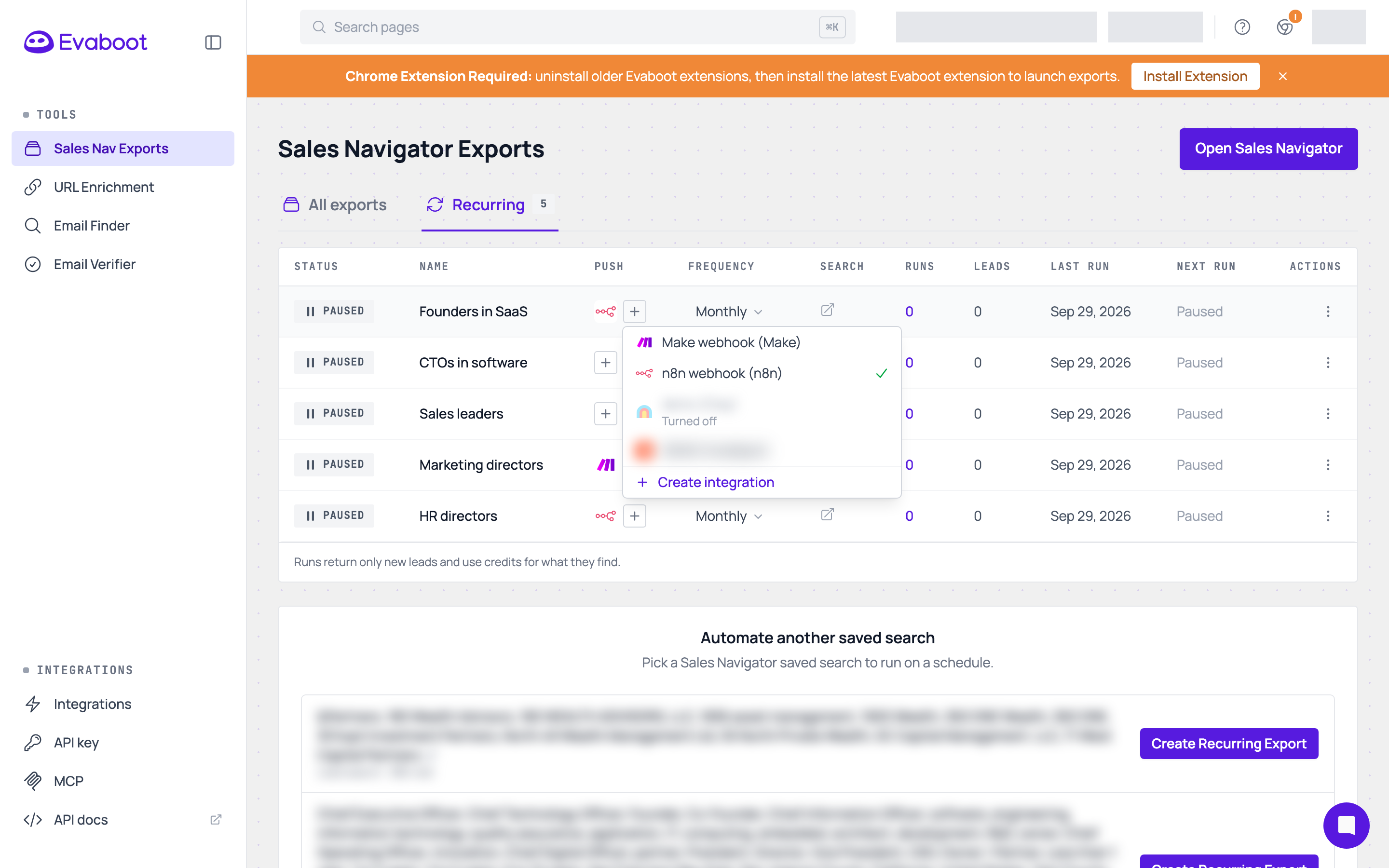 The Send runs to an integration menu on a schedule row, listing your integrations and Create integration
