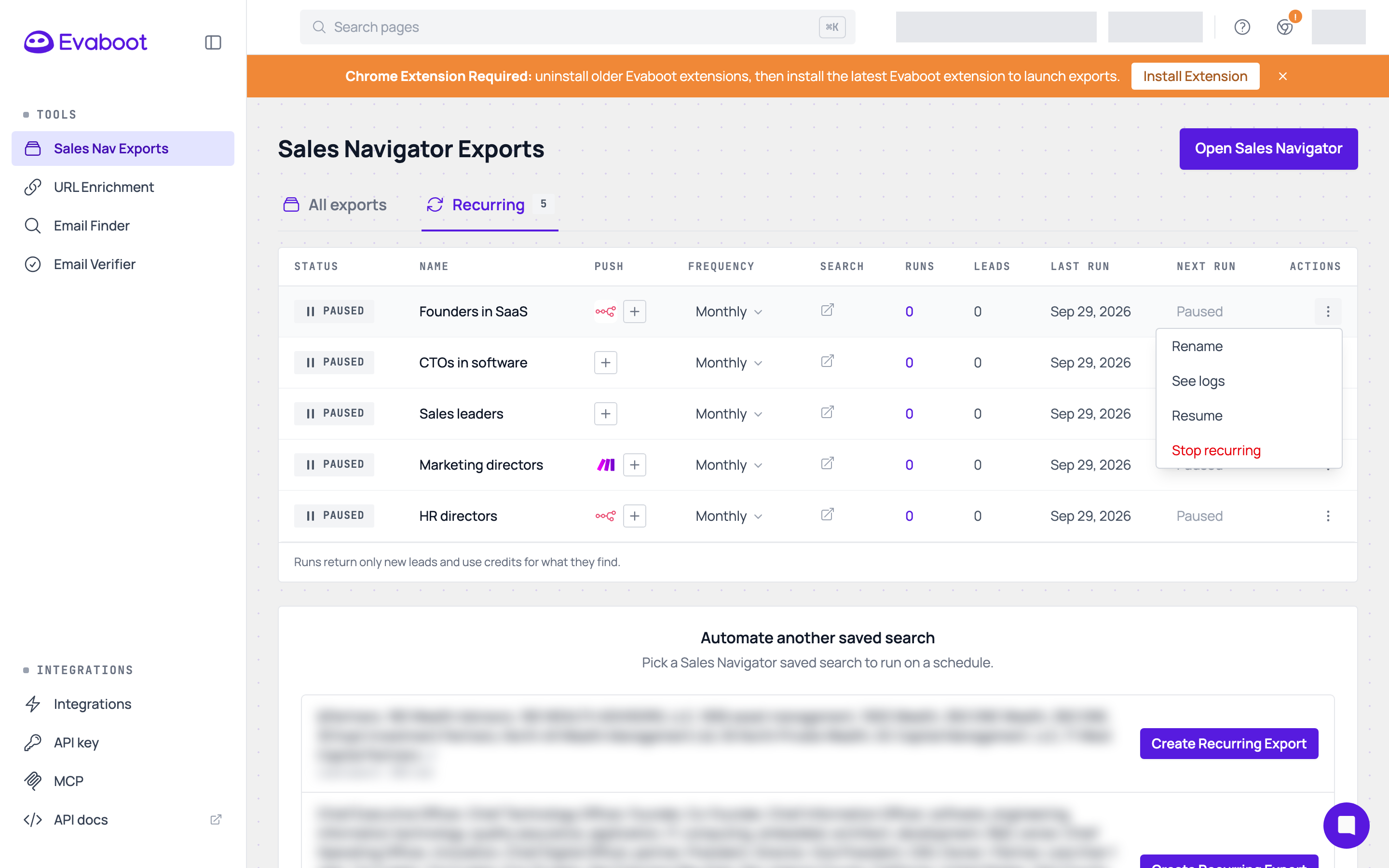 The Schedule actions menu with Rename, See logs, Resume, and Stop recurring