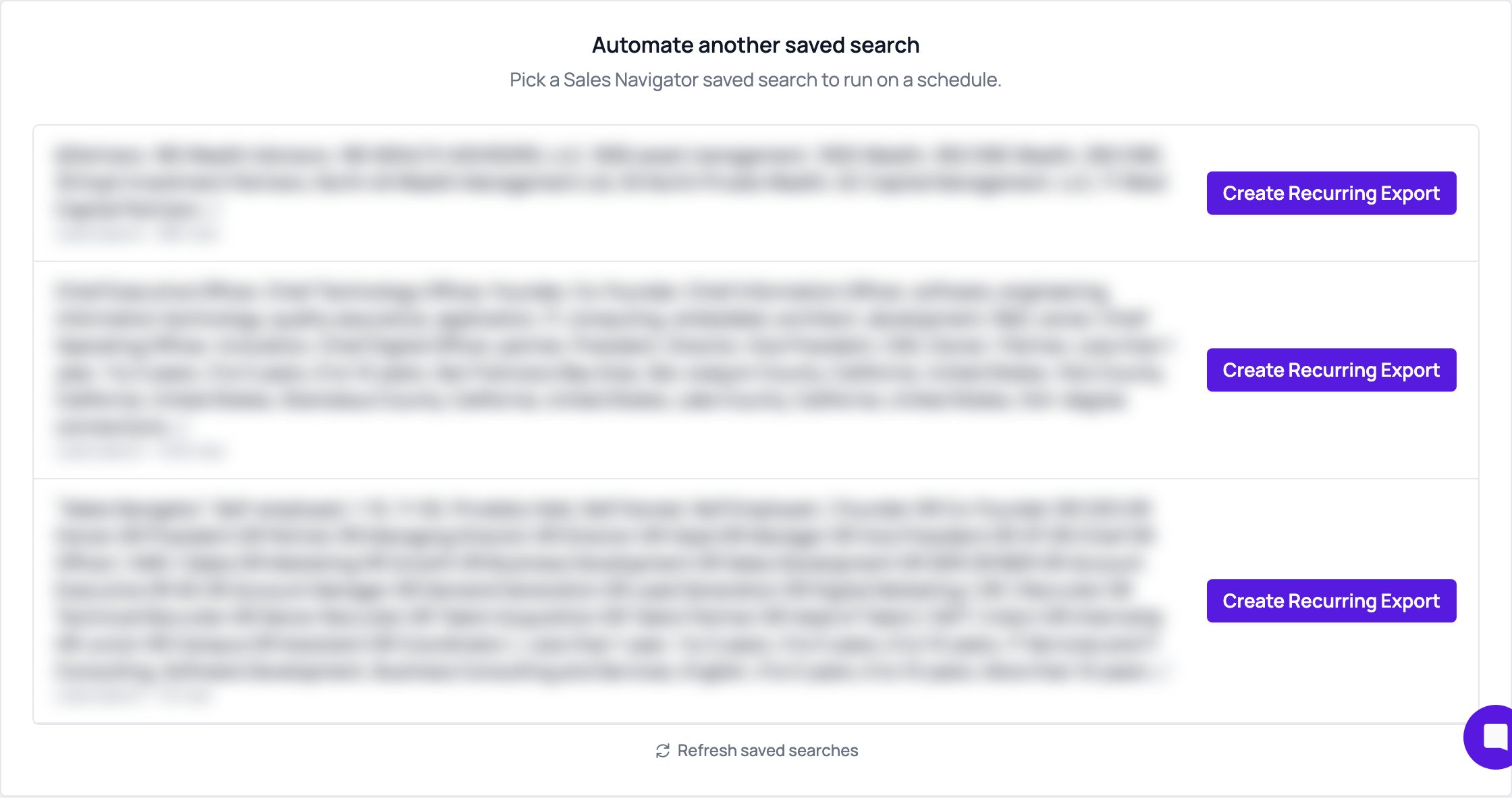 The Automate another saved search list with a Create Recurring Export button next to each saved search