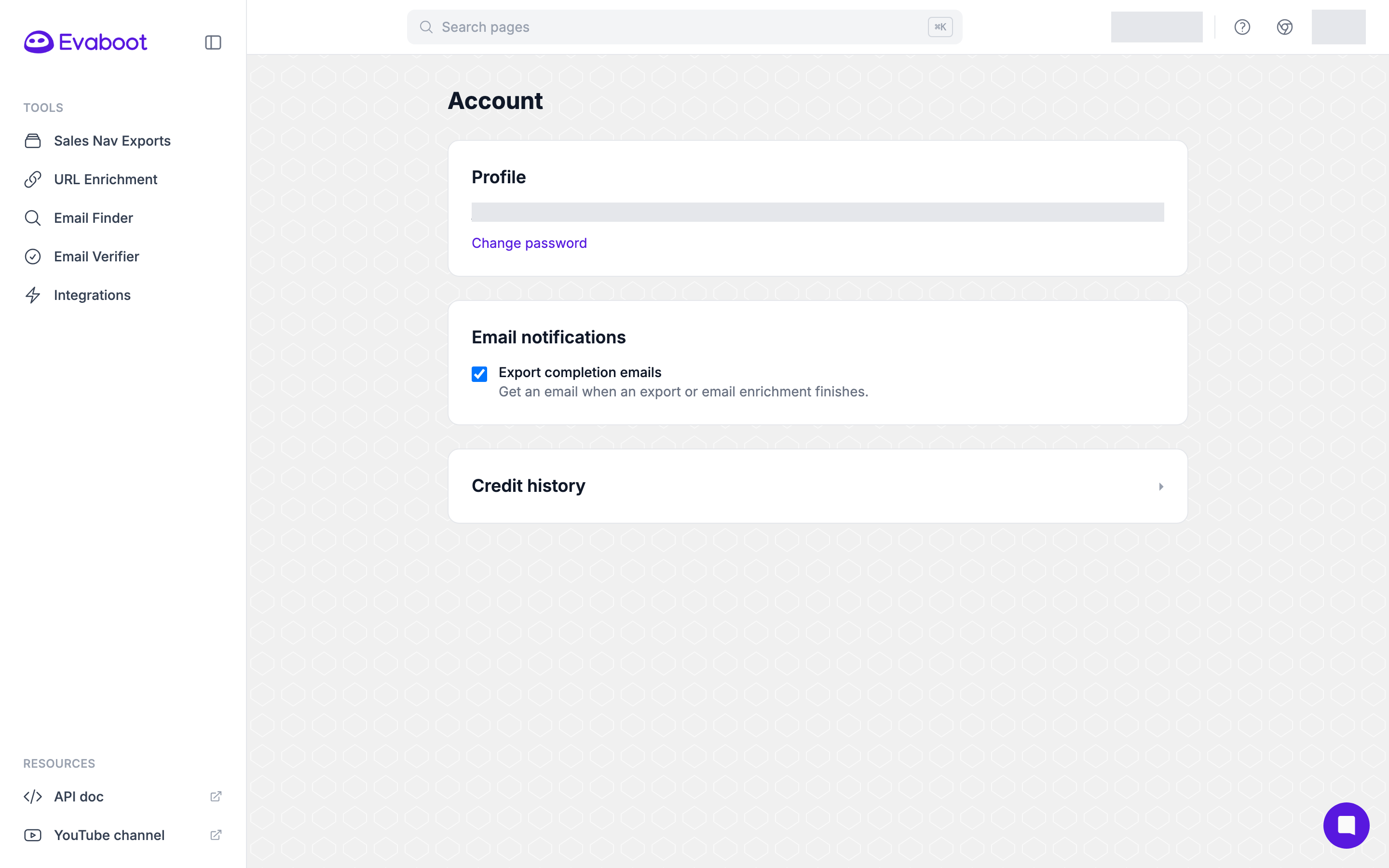 The Evaboot Account page showing the profile email, the change password link, email notification settings and credit history