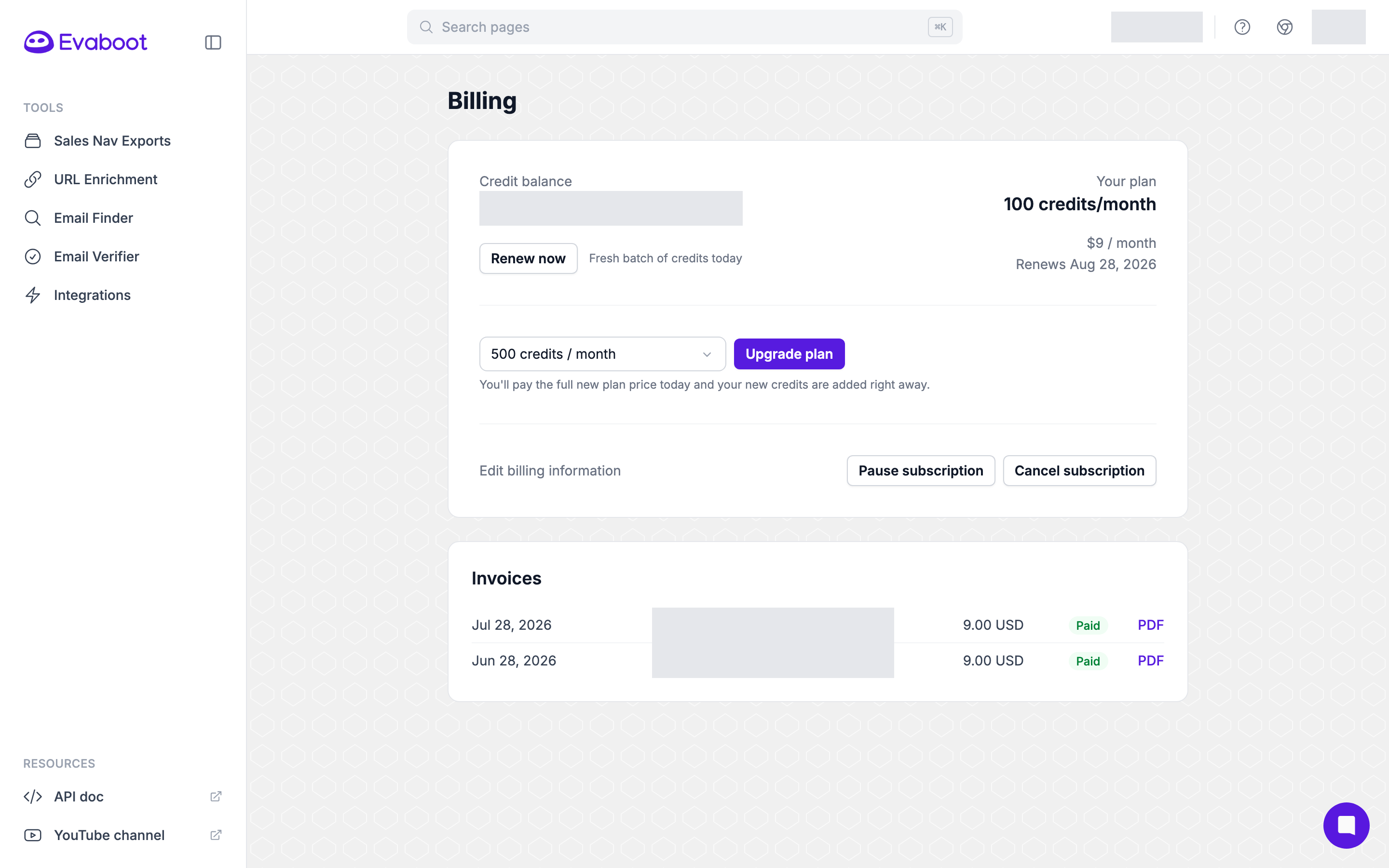 The Billing page with the Edit billing information link below the plan selector