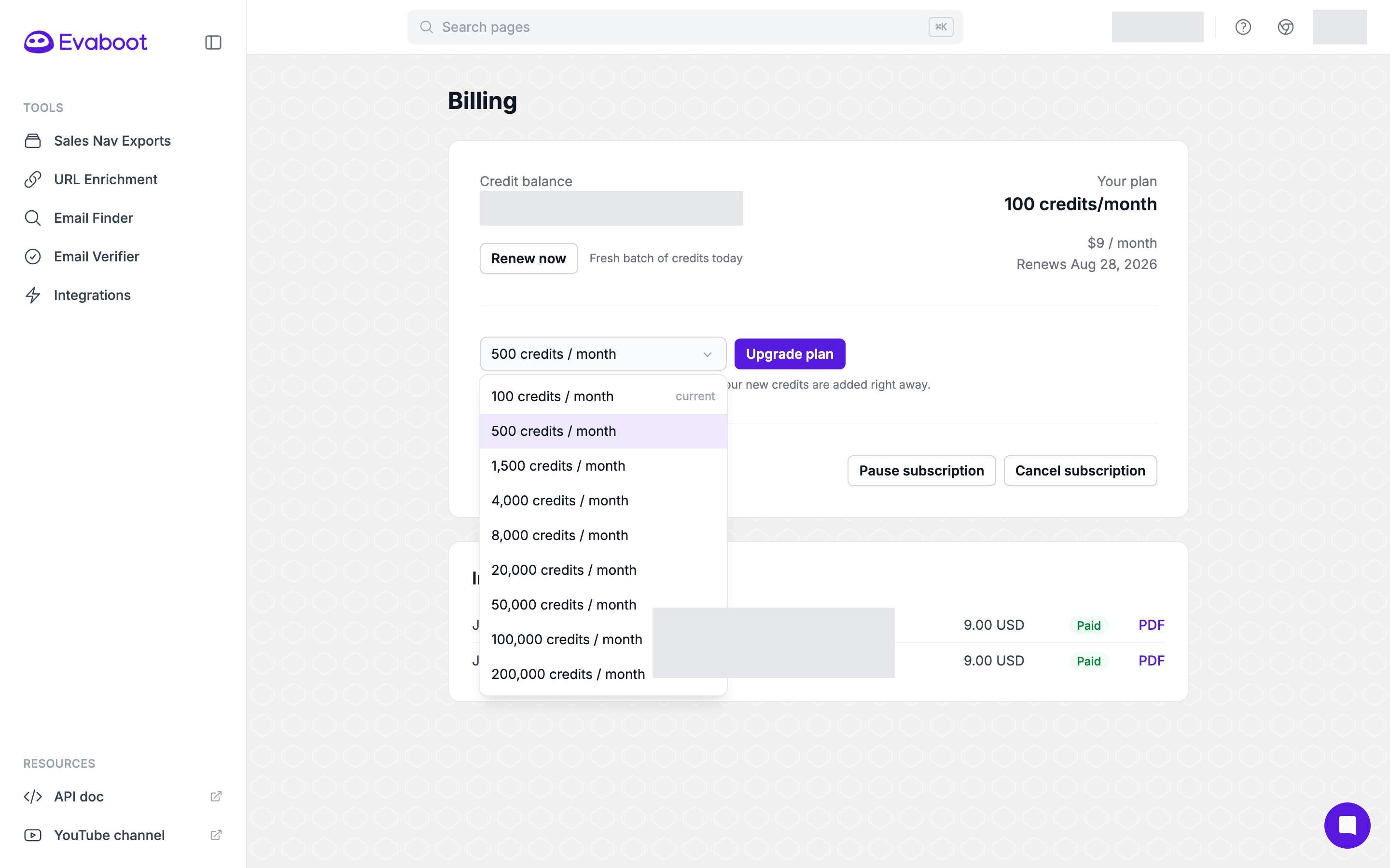 The plan selector on the Billing page, open, listing plans from 100 to 200,000 credits per month with the current plan marked