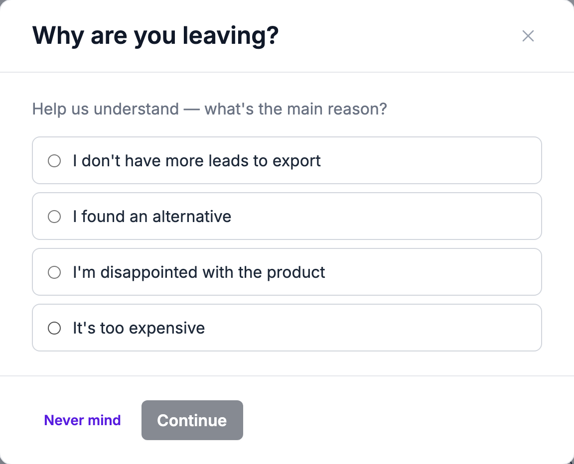 The Why are you leaving dialog with four reasons and a Continue button