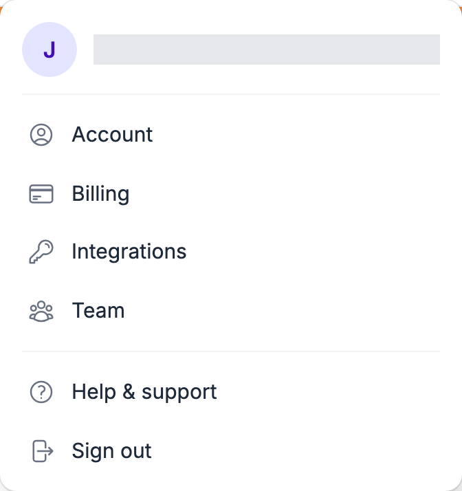 The Evaboot account menu opened from the avatar in the top-right corner, listing Account, Billing, API keys, Team, Help and support, and Sign out
