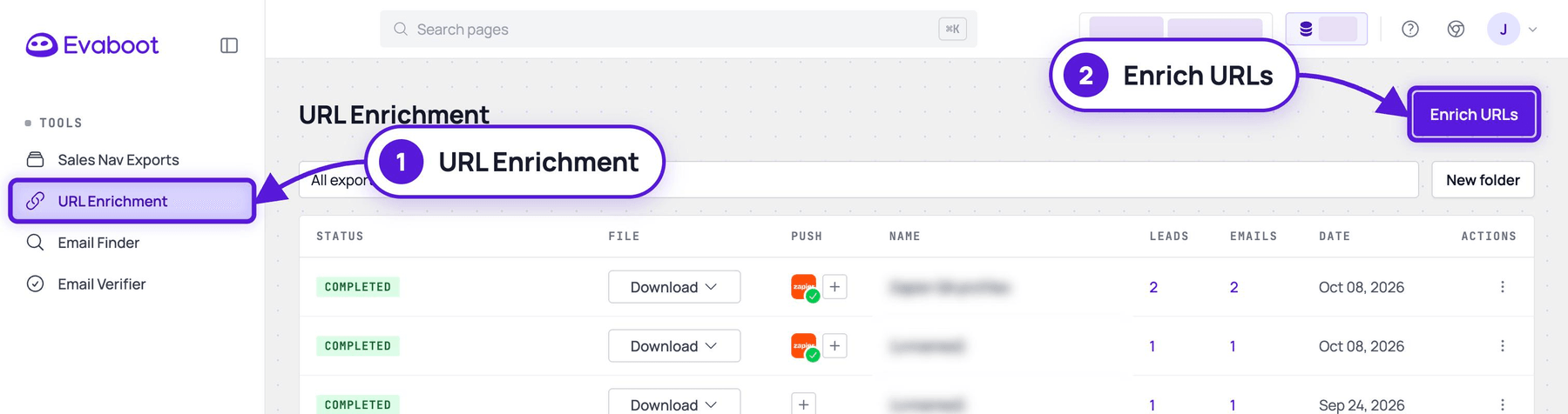 The URL Enrichment page with URL Enrichment highlighted in the left menu and the Enrich URLs button highlighted at the top right
