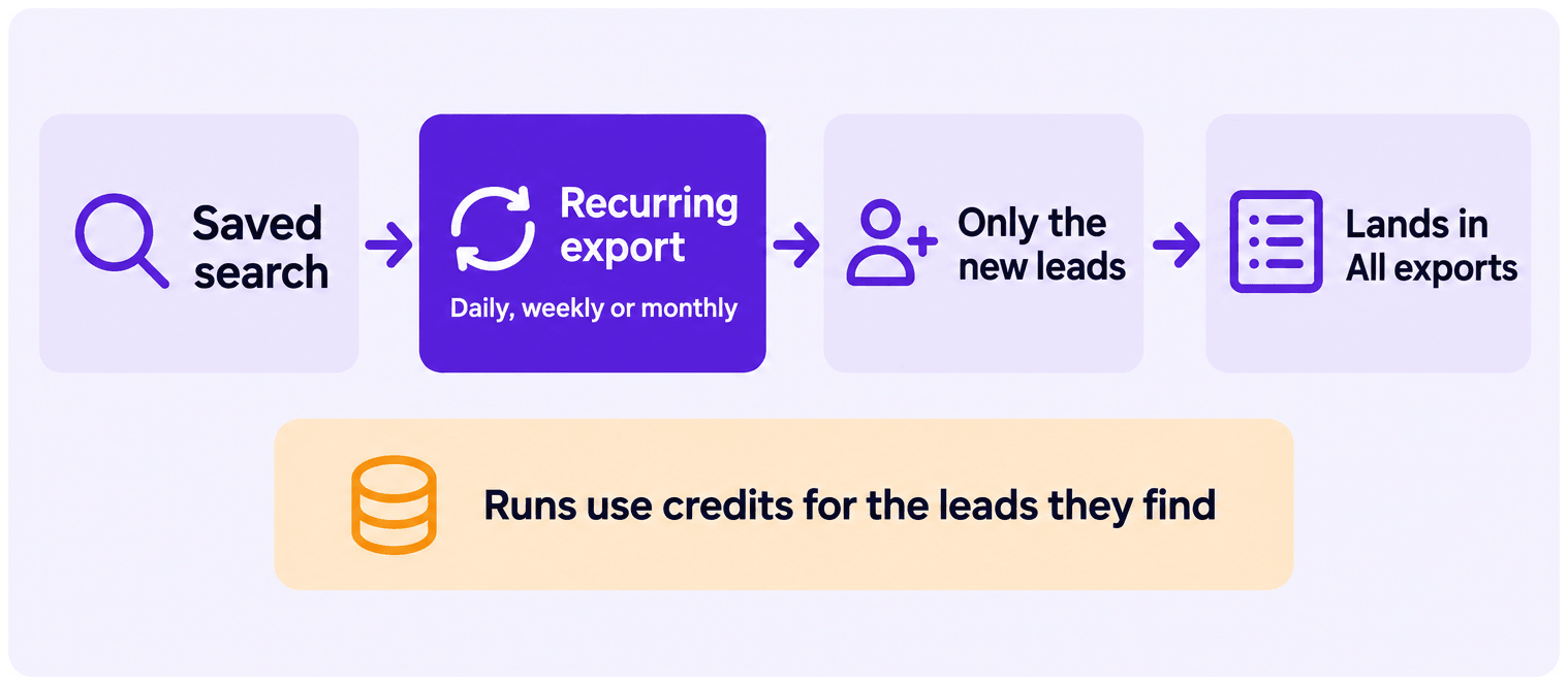 A saved search feeds a recurring export, daily, weekly or monthly. Each run brings only the new leads and lands in All exports. Runs use credits for the leads they find