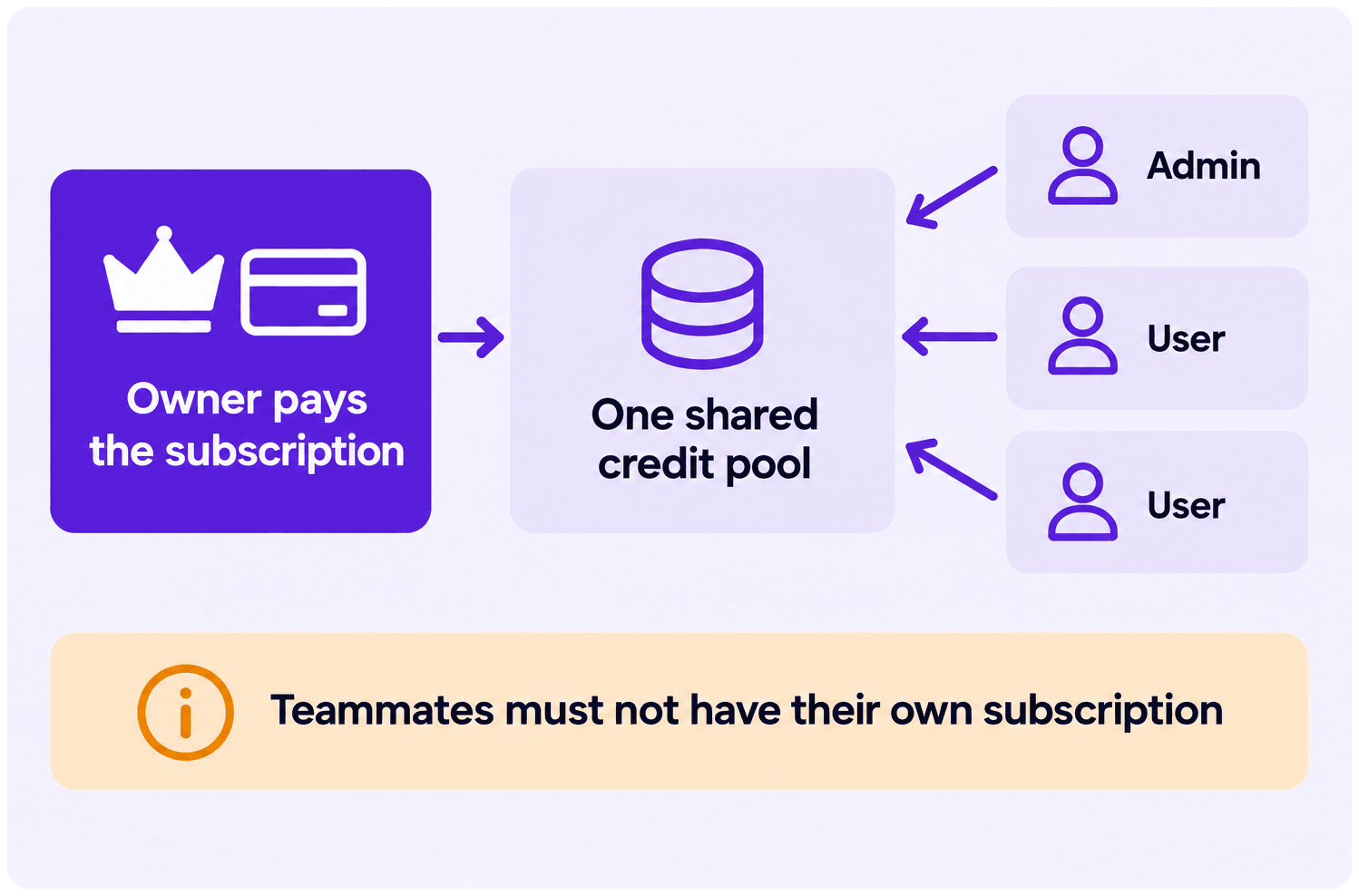 The owner pays the subscription into one shared credit pool that admins and users draw from. Teammates must not have their own subscription